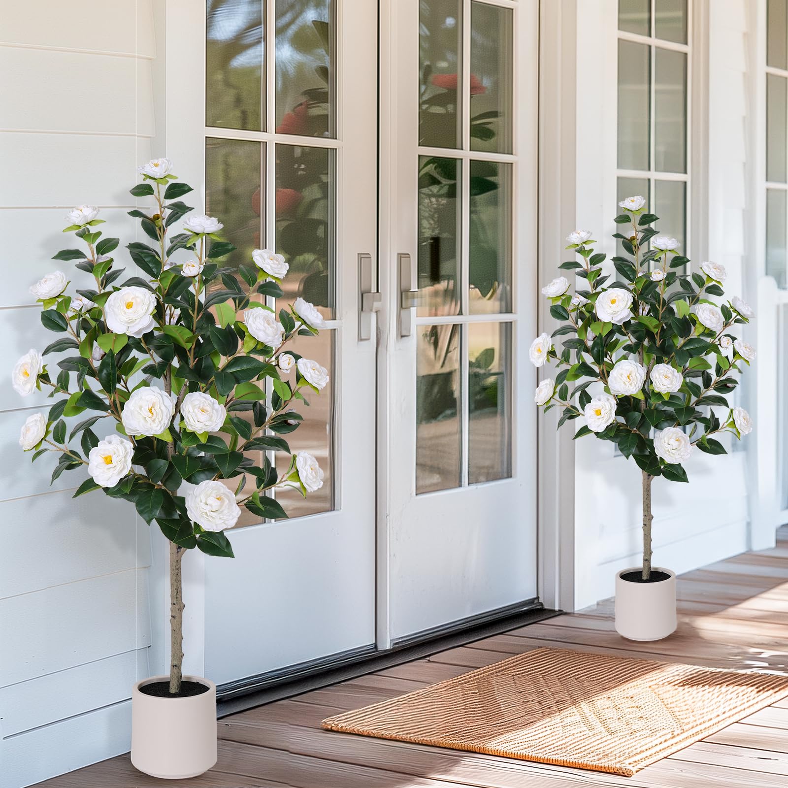 47 Inch Artificial Camellia Tree with White Flower Pots - 2 Pack Fake Plants for Indoor & Outdoor Decor, 4 Ft Faux Trees with Blooming Flowers - Perfect for Home, Office, Front Door and Garden Decoration