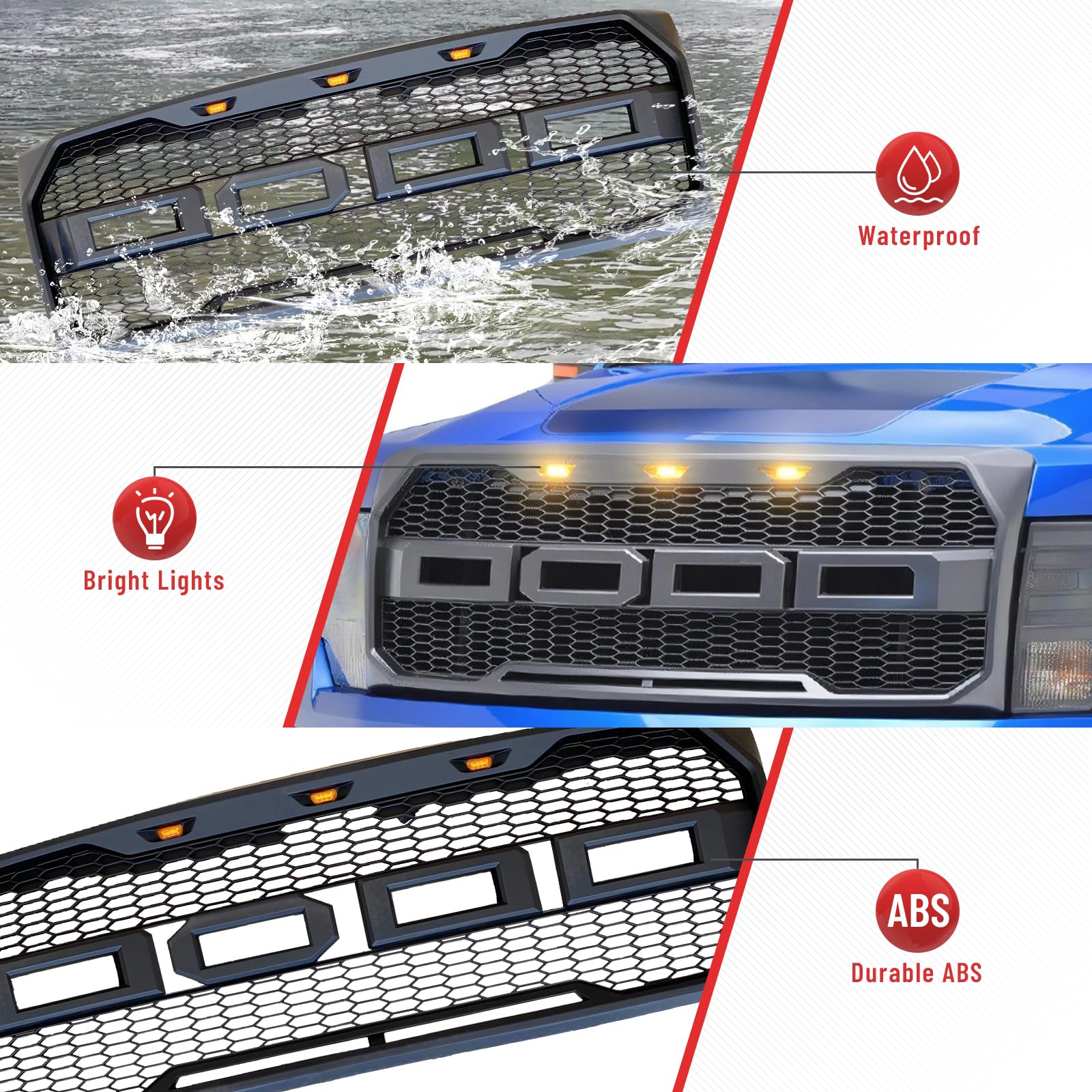 2009-2014 Ford F-150 Pickup Truck Front Grille Replacement - ABS Black Mesh Grill with LED Lights & Emblem Letters | Perfect for Off-Road Upgrades & Custom Truck Modifications