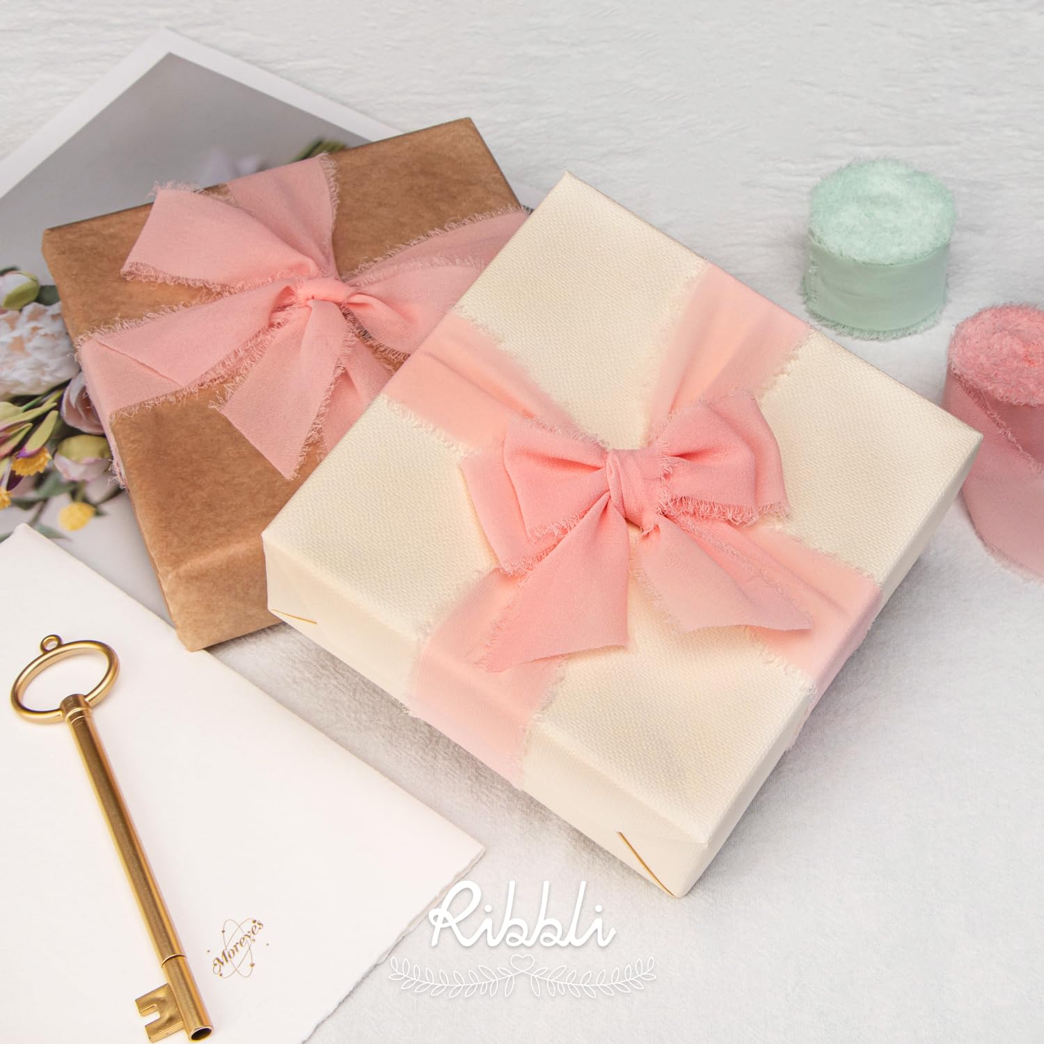 Ribbli Light Pink Chiffon Ribbon - 1.5 Inch x 20 Yard Handmade Silk Fringe Ribbon for Wedding Invitations, Bridal Bouquets, Gift Wrapping & Floral Arrangements - Perfect for DIY Crafts, Party Decorations and Scrapbooking Projects