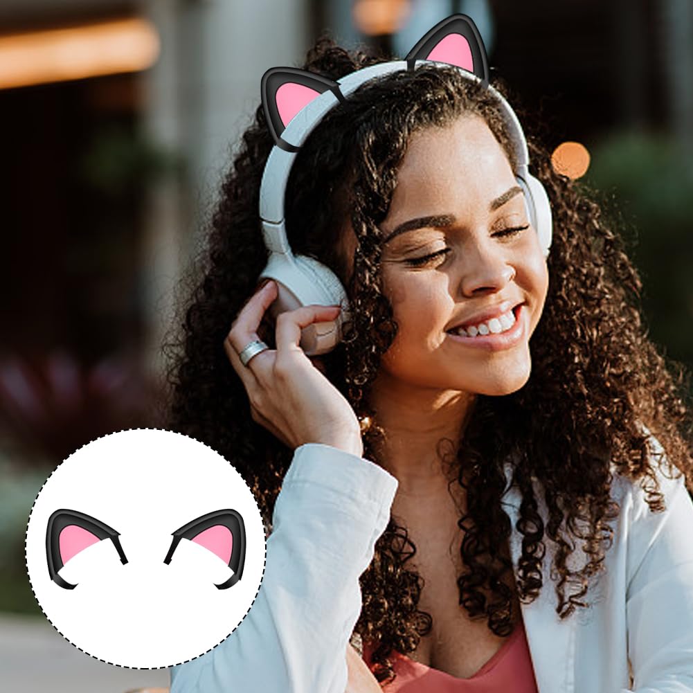 POHOVE 2pcs Cute Cat Ears Headphone Accessories - Adjustable Silicone Kitty Ears for Universal Gaming Headsets, Perfect for Cosplay, Streamers & Anime Lovers (Black/White)