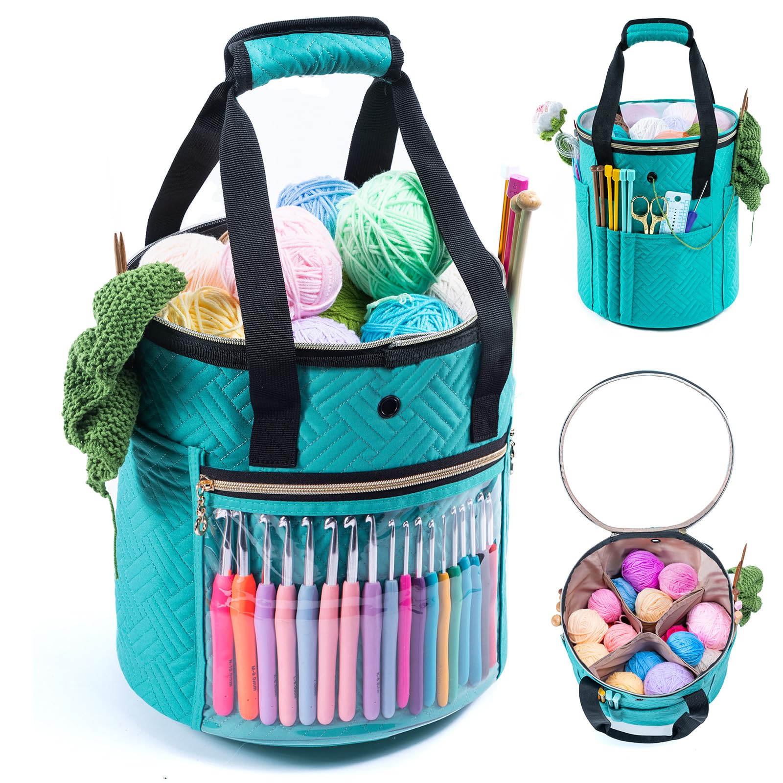 Yarn Storage Bag with Transparent Lid - Organize Crochet & Knitting Supplies, Perfect for Beginners - Portable Yarn Holder with Pockets for Hooks & Accessories | Ideal for Home, Travel & Crafting Projects