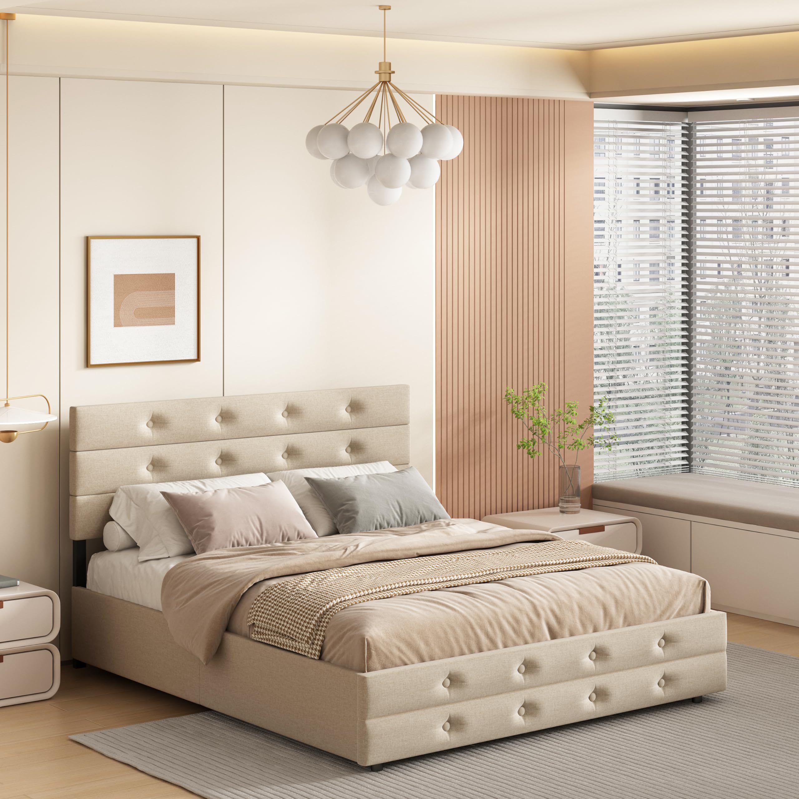 Harper & Bright Designs Queen Size Upholstered Platform Bed with Trundle & Storage Drawers - Light Beige Linen Fabric - Perfect for Small Bedrooms, Guest Rooms & Space-Saving Solutions