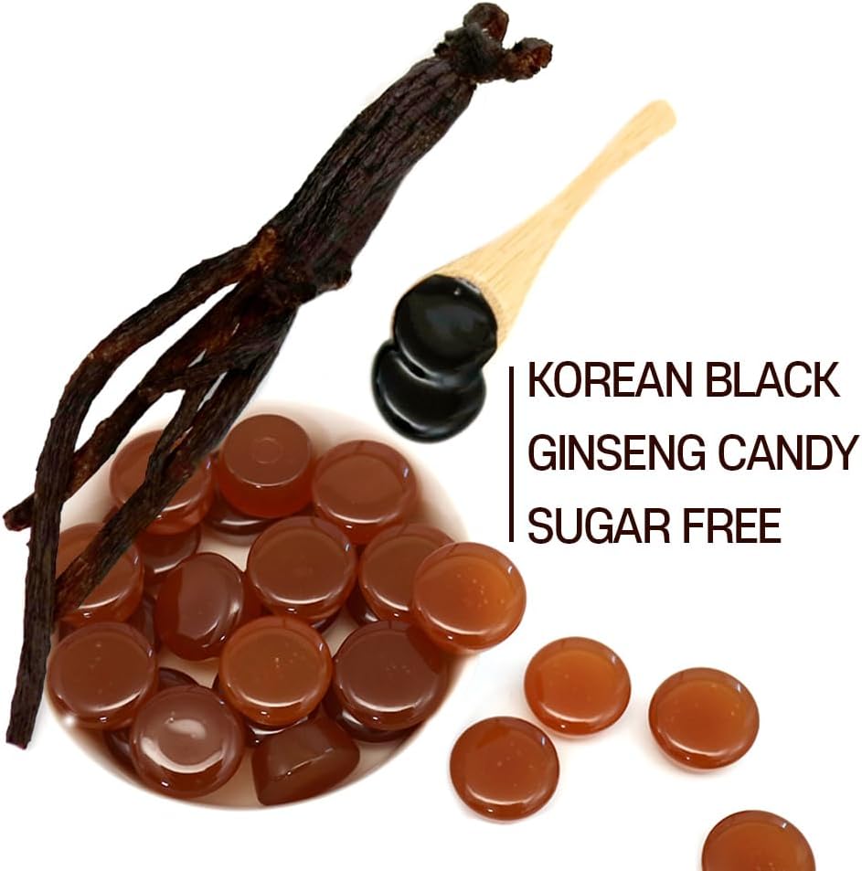 Korean Black Ginseng Candy Sugar Free - Healthy Energy Boost for Workouts, Travel & Daily Wellness | Antioxidant Rich Herbal Supplement