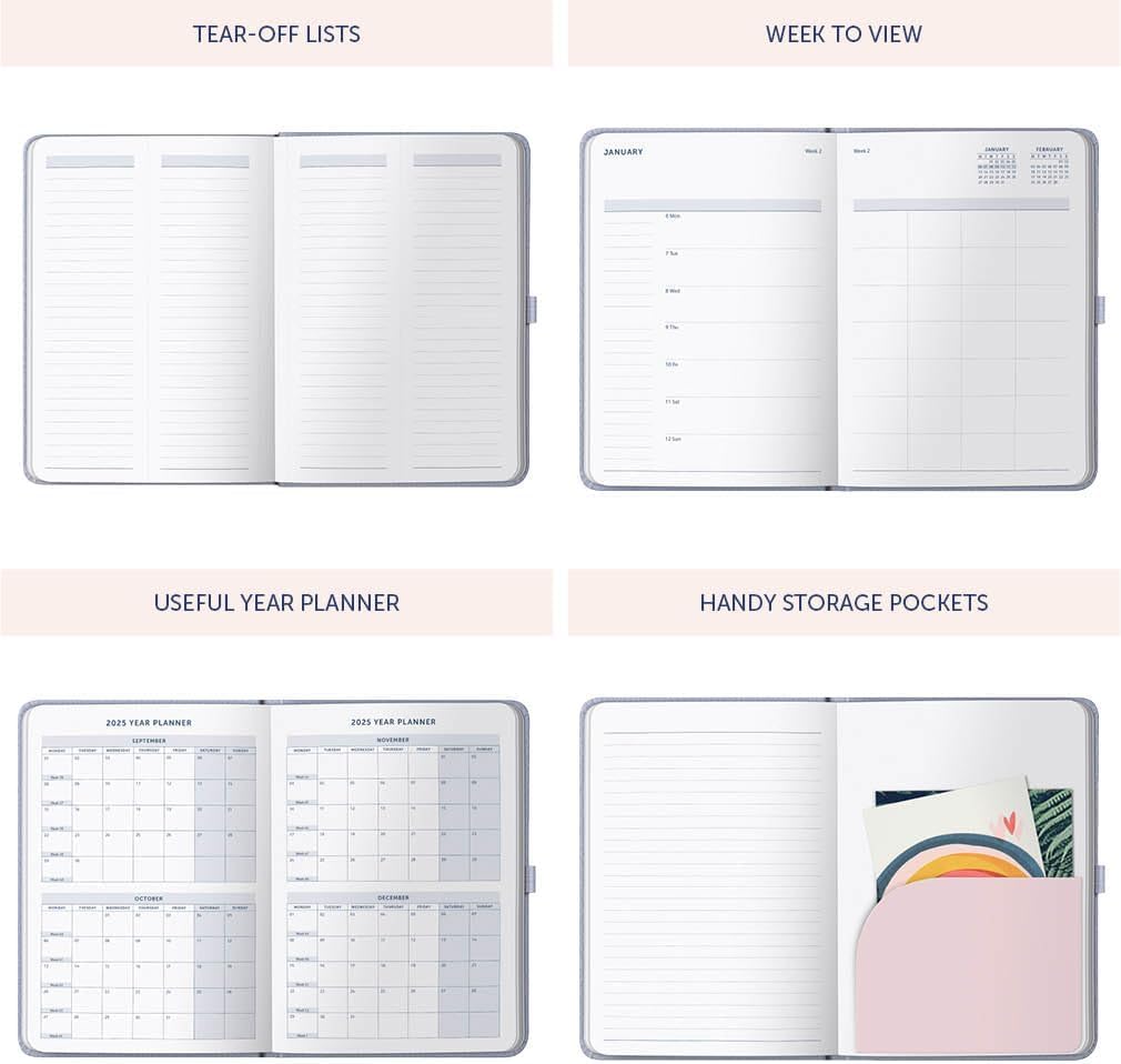 Busy B 2025 A5 Family Diary - Weekly Planner with 5 Schedules, Light Lilac Faux Leather Cover & Gold Foil - Life Organizer for Busy Families - Includes Yearly Calendar, Birthdays & Tear-Off Notes - Perfect for Family Scheduling, Work-Life Balance & Home Organization