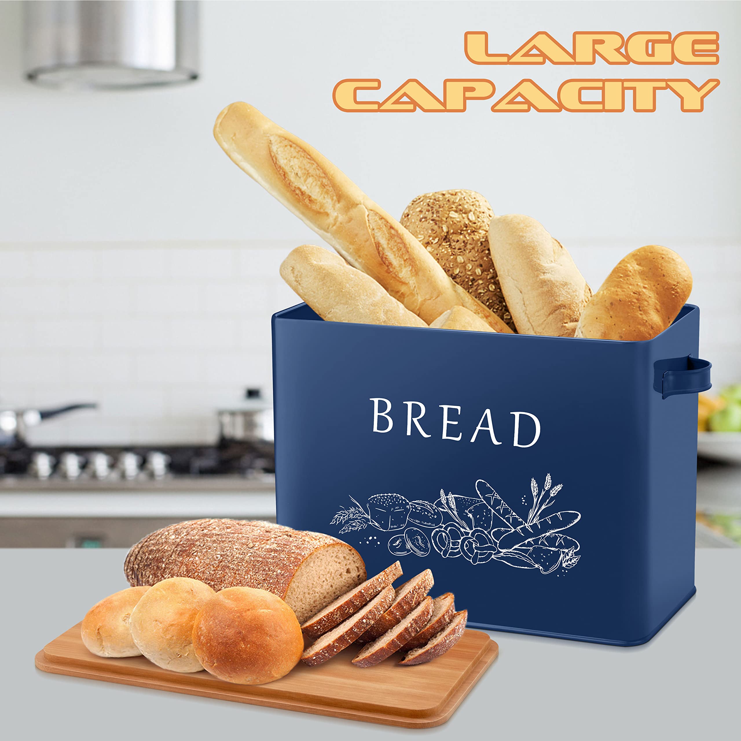 Farmhouse Style Extra Large Metal Bread Box with Bamboo Lid - 13” x 7.2” x 9.8” Navy Blue Bread Storage Container for Kitchen Countertop | Perfect for Bread, Baguettes & Pastries - Rustic Kitchen Organization & Decoration