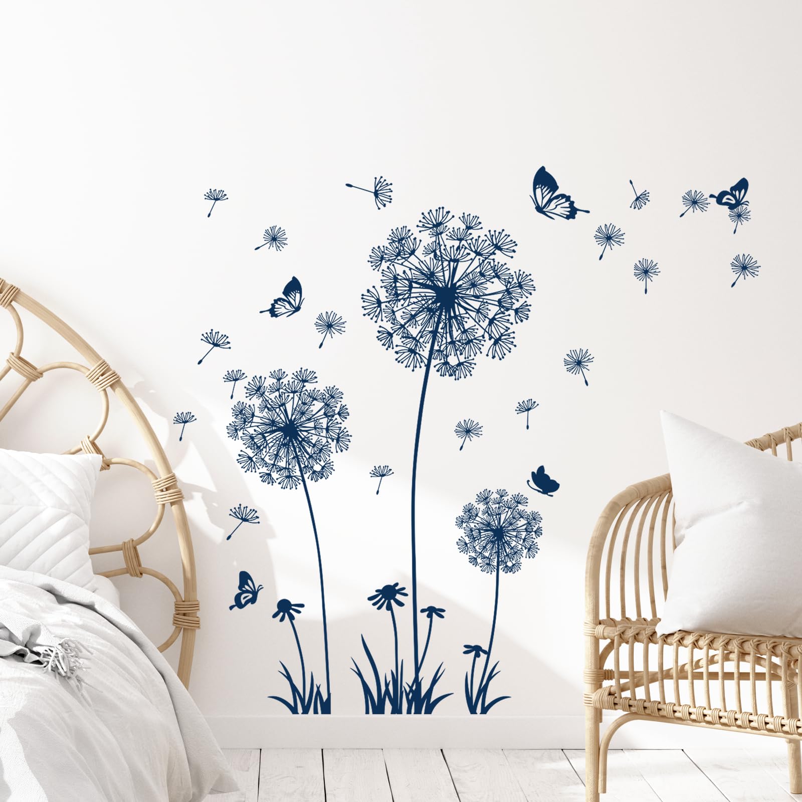 Supzone Blue Dandelion Wall Stickers with Butterflies - Floral Wall Decals for Bedroom, Living Room & TV Backdrop - Removable Wall Art Decor for Home, Office & Nursery (Perfect for DIY Home Decor & Party Backgrounds)