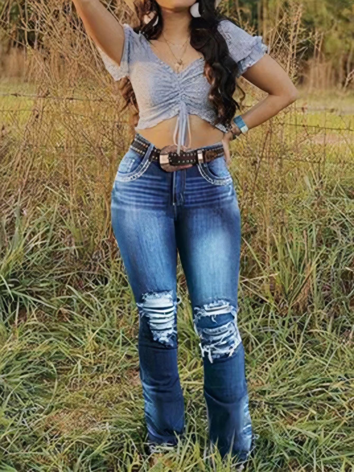 Flamingals Women's Ripped Bootcut Jeans - High Waist Tummy Control Stretch Denim Pants for Trendy Cowgirl Style | Perfect for Casual Wear, Night Out & Western Fashion