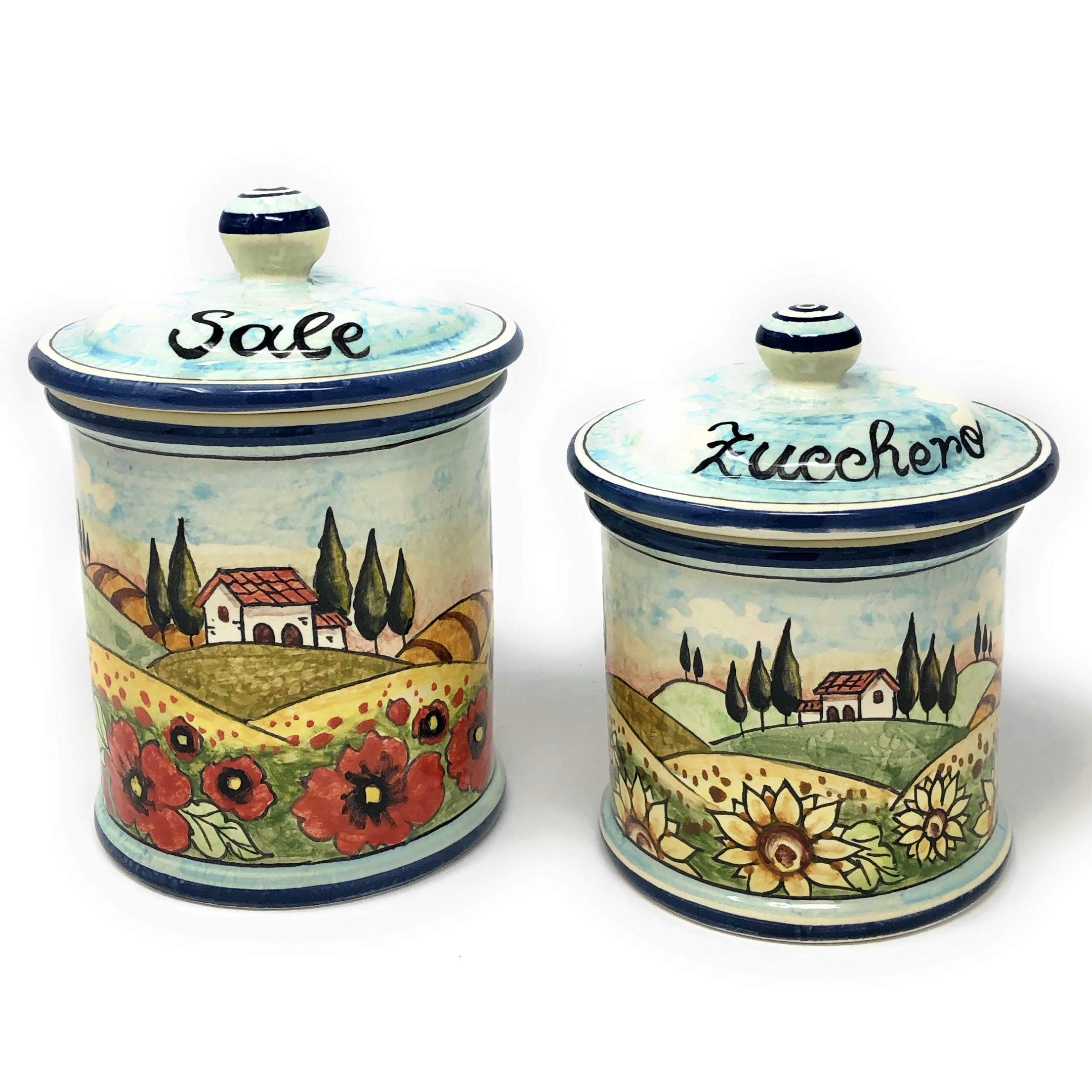 Italian Ceramic Food Storage Jars Set - Hand Painted Tuscan Landscape Decorated Kitchen Canisters for Salt, Sugar & Spices | Artisan Pottery Made in Italy | Perfect for Rustic Kitchen Decor & Gift Giving
