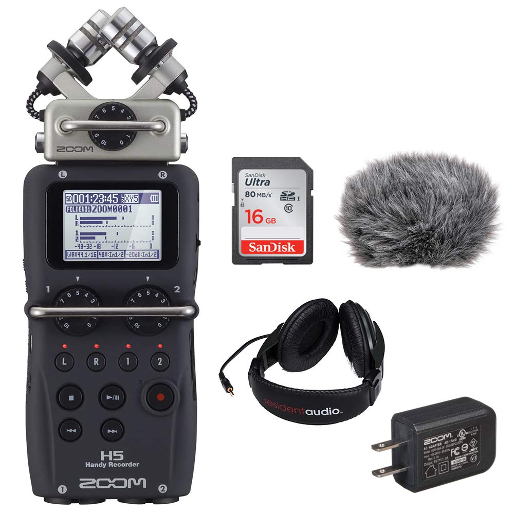 Zoom H5 Handy Recorder Kit with Windbuster, AC Adapter, Headphones & 16GB Card - Professional Portable Audio Recorder for Podcasting, Field Recording & Music Production