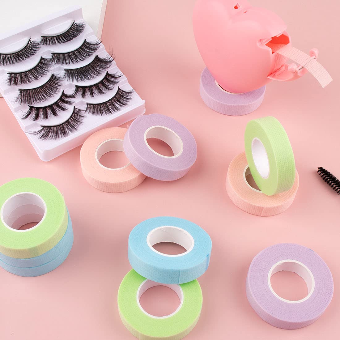 Rolybag 4 Colors Breathable Eyelash Extension Tape - Non Woven Adhesive Eyelash Tape with Heart-Shaped Cutter for Professional & DIY Lash Extensions - Perfect for Salon, Home Use & Makeup Kits (Style A)