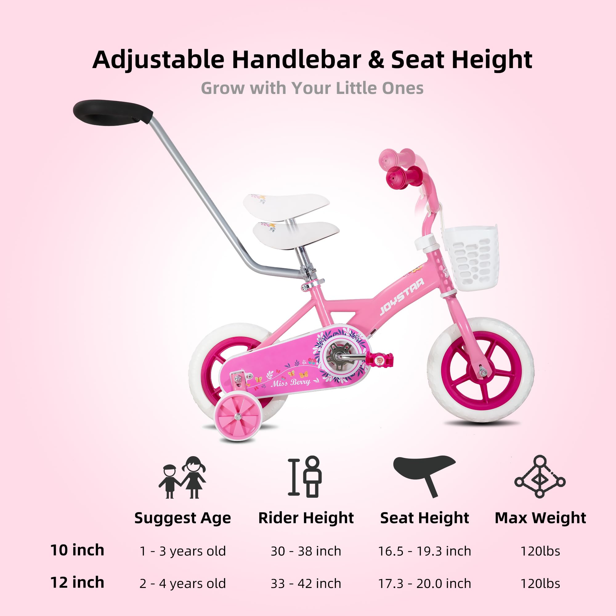 JOYSTAR 10 & 12 Inch Kids Bike for Boys and Girls Ages 1-4 Years - Toddler Bicycle with Training Wheels, Detachable Parent Push Handle & Front Basket - First Pedal Bike for Toddlers in Multiple Colors - Perfect for Backyard Riding, Park Adventures & Learning to Cycle