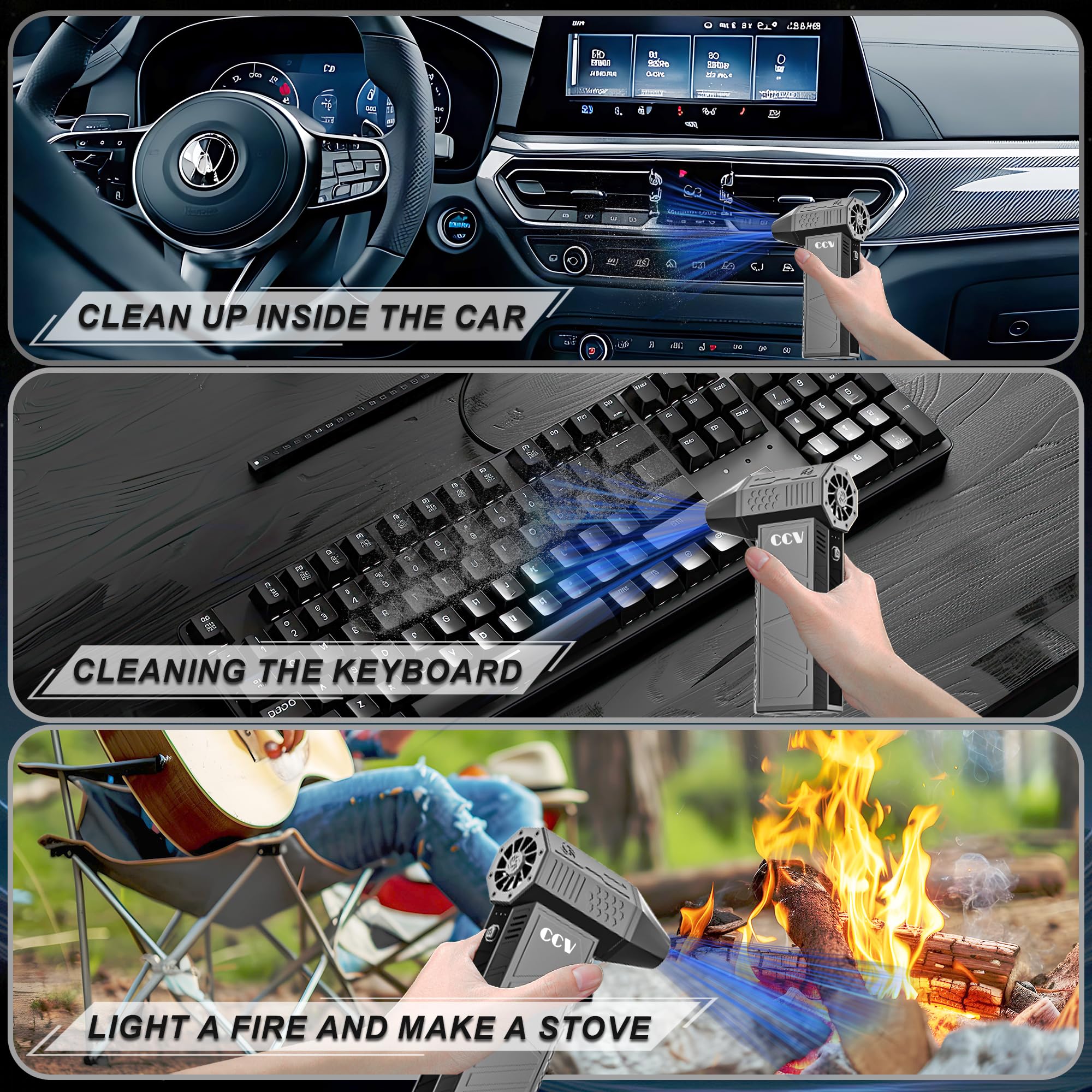 CCV 150,000 RPM Electric Air Duster - Rechargeable Cordless Keyboard & PC Cleaner with 3 Speed Settings | Powerful Jet Dry Blower for Car, Home, Electronics & Office Cleaning (F33-BLACK)