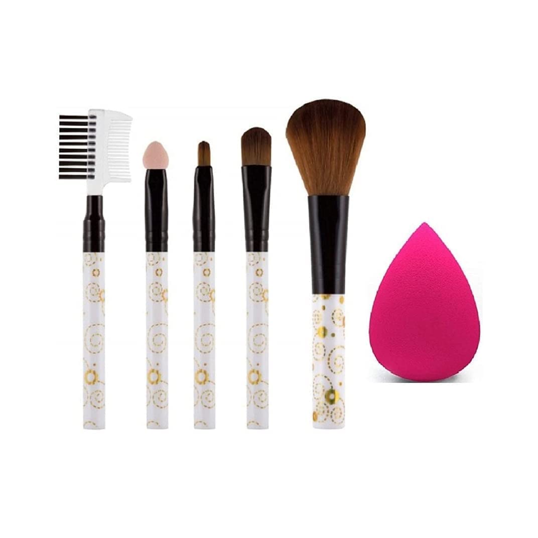 BELLAS 5-Piece Mini Makeup Brush Set with Pink Beauty Blender - Soft White Makeup Brushes for Women & Girls - Perfect for Travel, Everyday Makeup & Professional Use (Pack of 6)