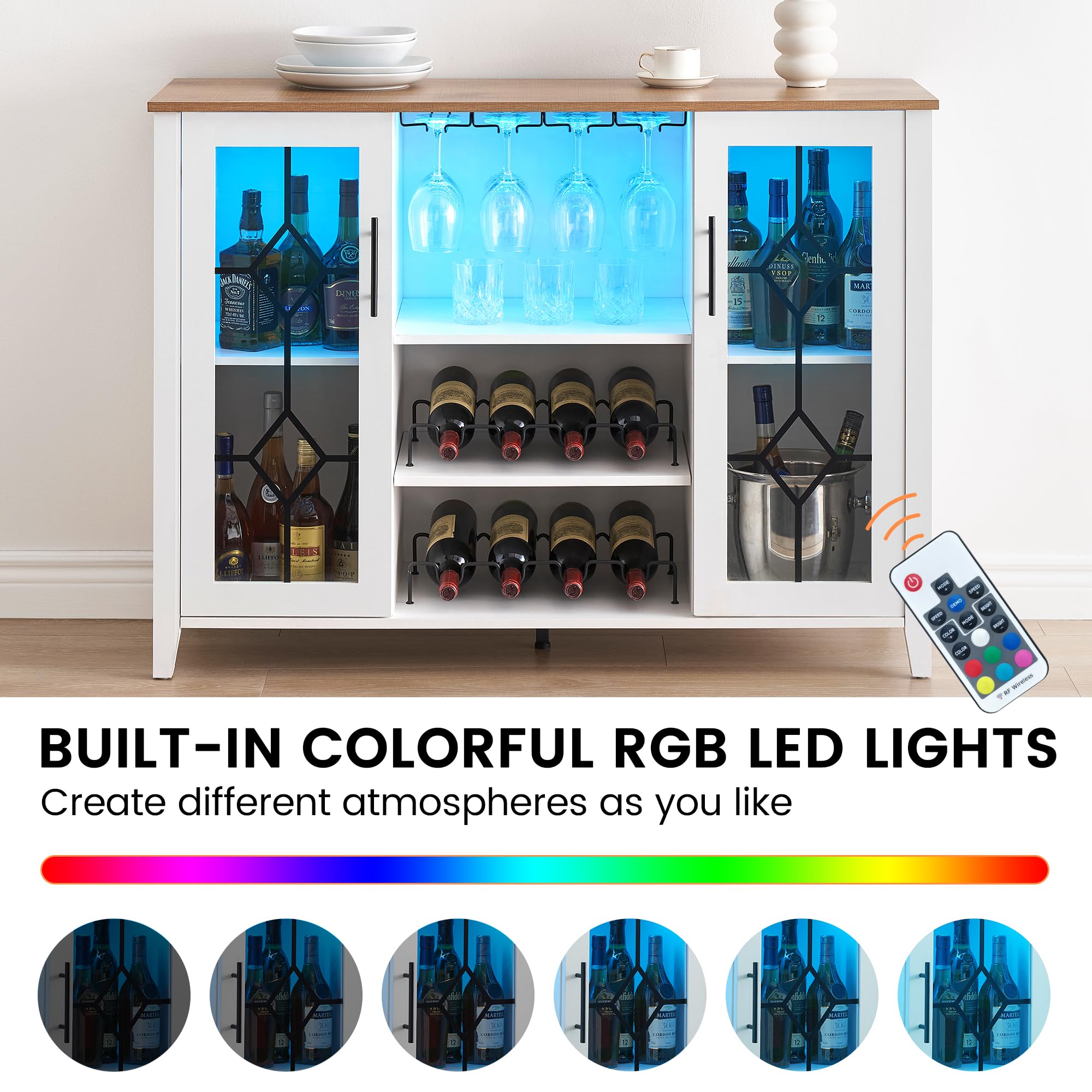 IDEALHOUSE Antique White Wine Bar Cabinet with LED Lights - Home Coffee Station with Wine Glass Rack, Kitchen Buffet Sideboard Storage Cabinet - Perfect for Bar, Dining Room & Kitchen Decor | Modern Home Entertaining & Storage Solution