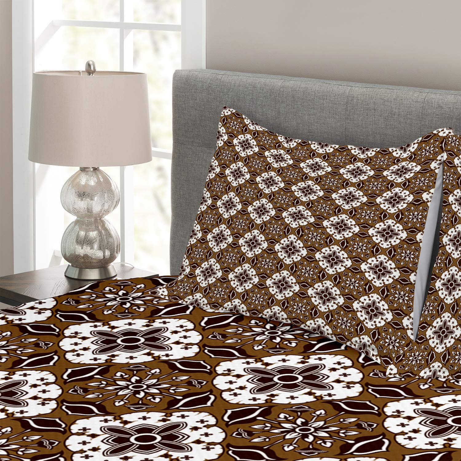 Ambesonne Chocolate Brown King Size 3-Piece Bedspread Set with Floral Indonesian Batik Pattern - Includes Decorative Coverlet & 2 Pillow Shams | Perfect for Master Bedroom, Guest Room & Bohemian Home Decor