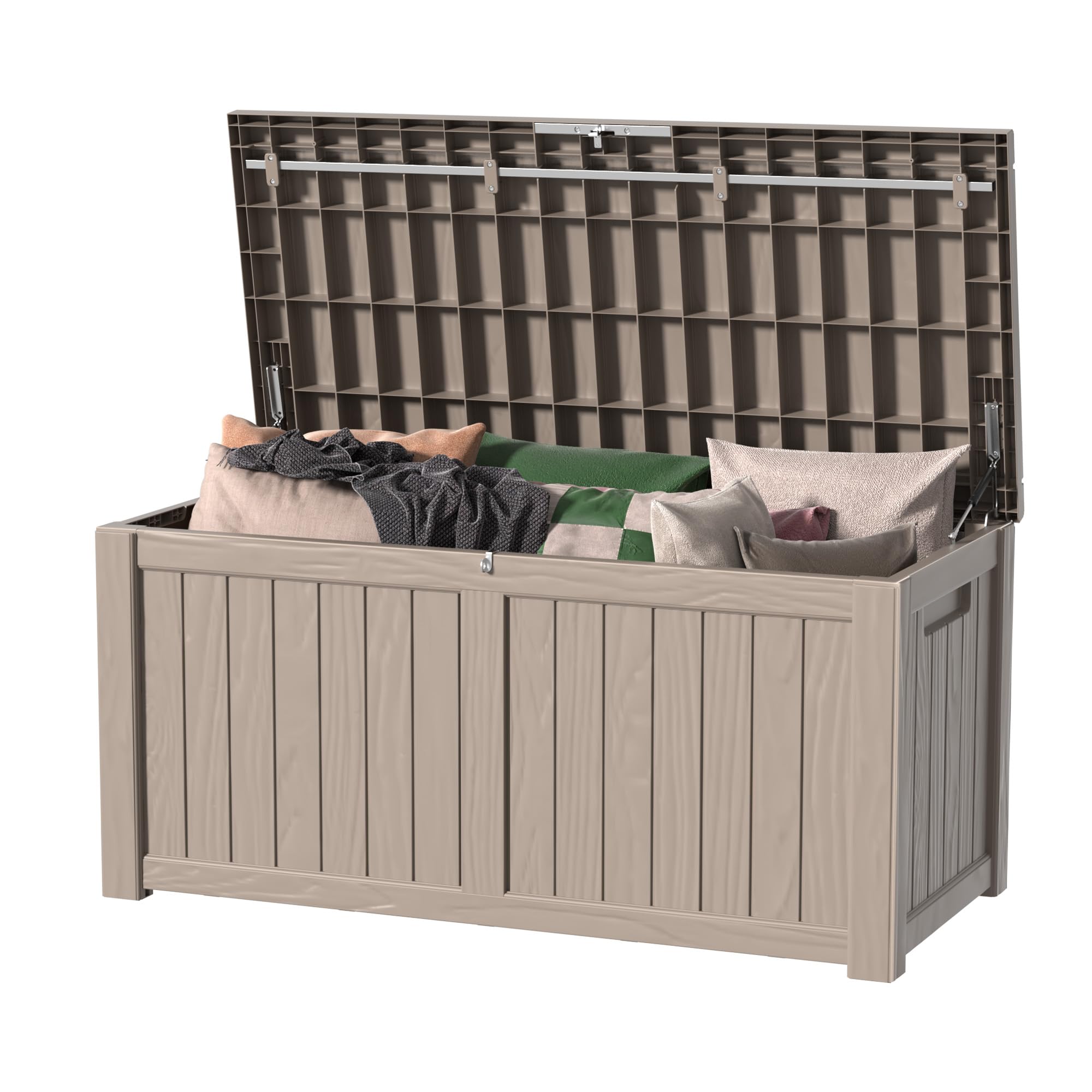 **120 Gallon Outdoor Deck Storage Box - Lockable Waterproof Patio Furniture Organizer for Garden Tools, Pool Accessories & Cushions - Durable Resin Design (Light Brown) - Perfect for Backyard, Deck & Poolside Storage**