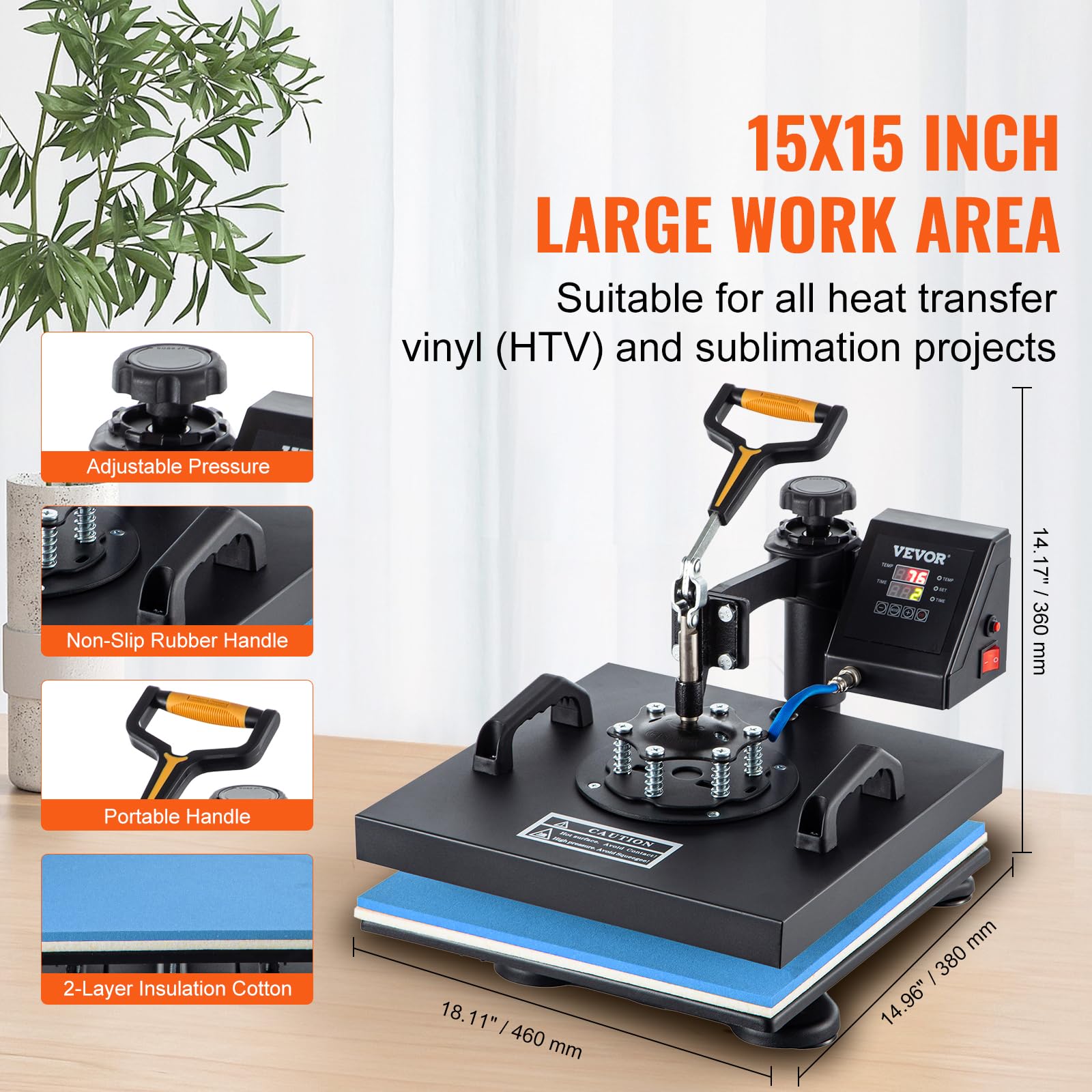 VEVOR 15x15 Inch 6-in-1 Digital Heat Press Machine with 360° Swing Away - Multi-Function T-Shirt, Hat, Mug & Plate Sublimation Transfer for DIY Printing | Perfect for Home Business, Craft Projects & Custom Apparel Making