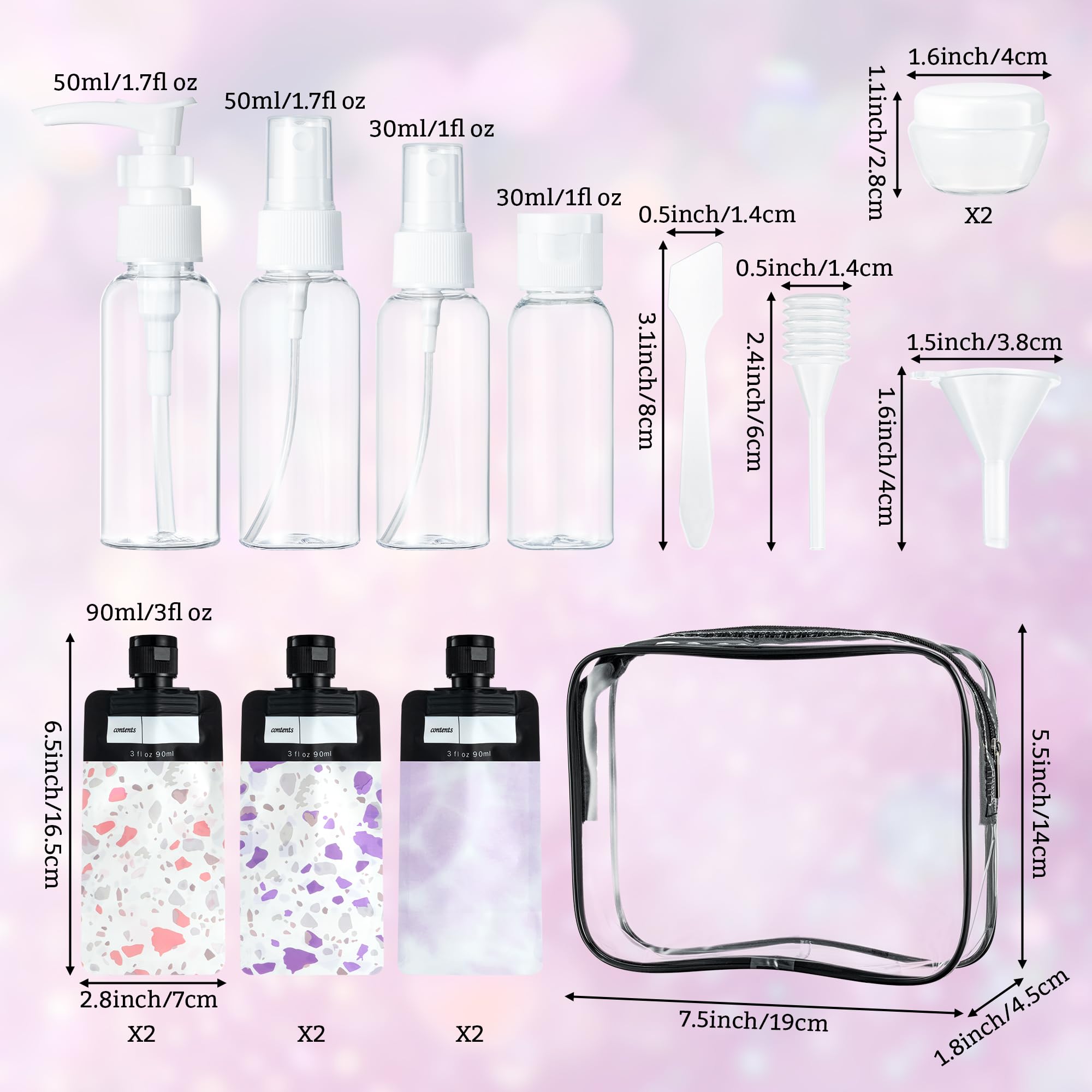 Y1tvei 16Pcs Pink Travel Bottles Kit - Leakproof Refillable Squeeze Pouches & Spray Bottles, TSA Approved Cosmetic Containers for Shampoo, Lotion & Toiletries | Perfect for Air Travel, Gym & Vacation Essentials