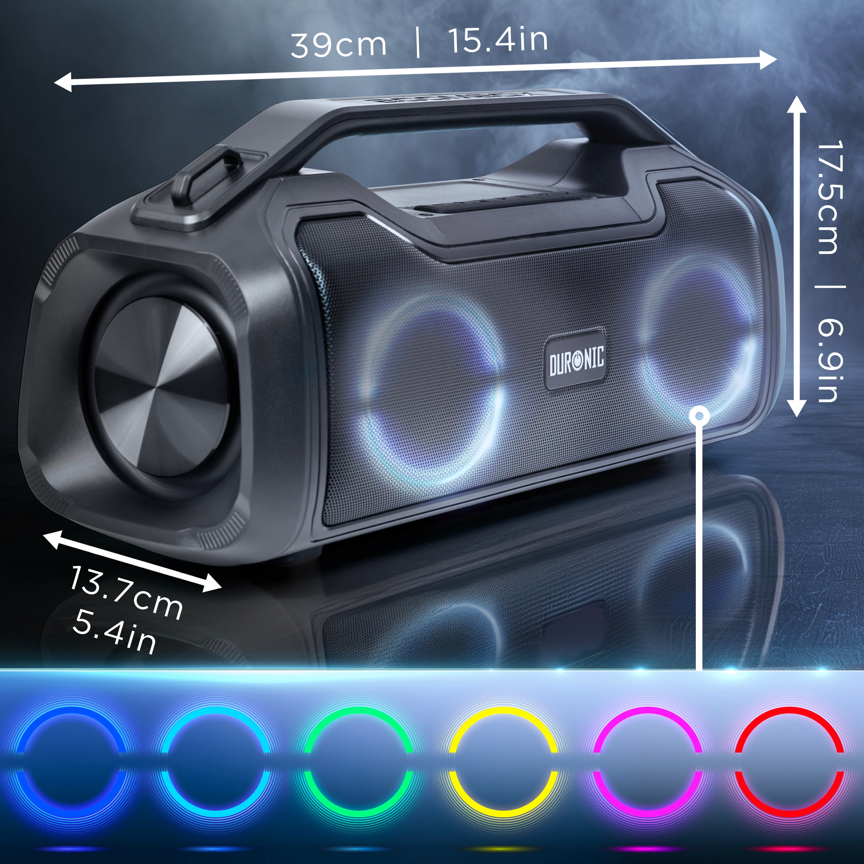 Duronic BX48 Portable Bluetooth Boombox Speaker with RGB Lights, IPX7 Waterproof, Powerful Bass - Wireless Party Speaker for Outdoor, Travel, Home, Beach, Camping | USB/AUX Input, Long Battery Life