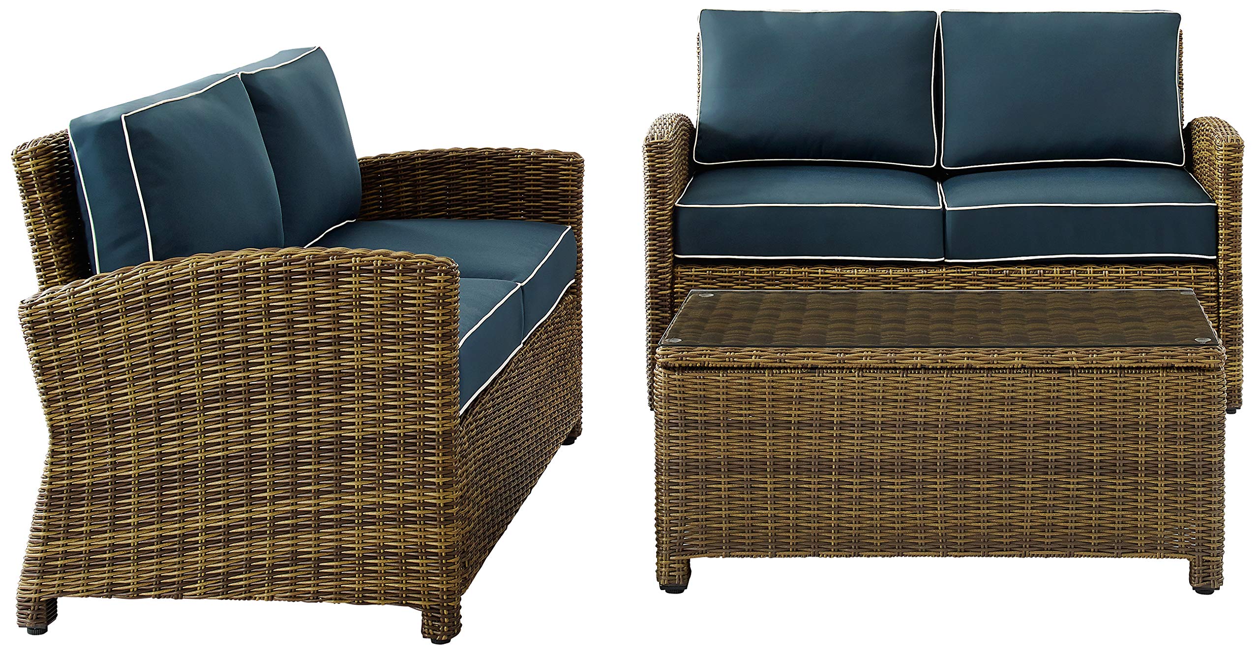 Crosley Bradenton 3-Piece Outdoor Wicker Loveseat Set with Navy Cushions - Patio Furniture for Porch, Garden & Backyard - Brown Weather-Resistant Conversation Set for Relaxing Outdoors