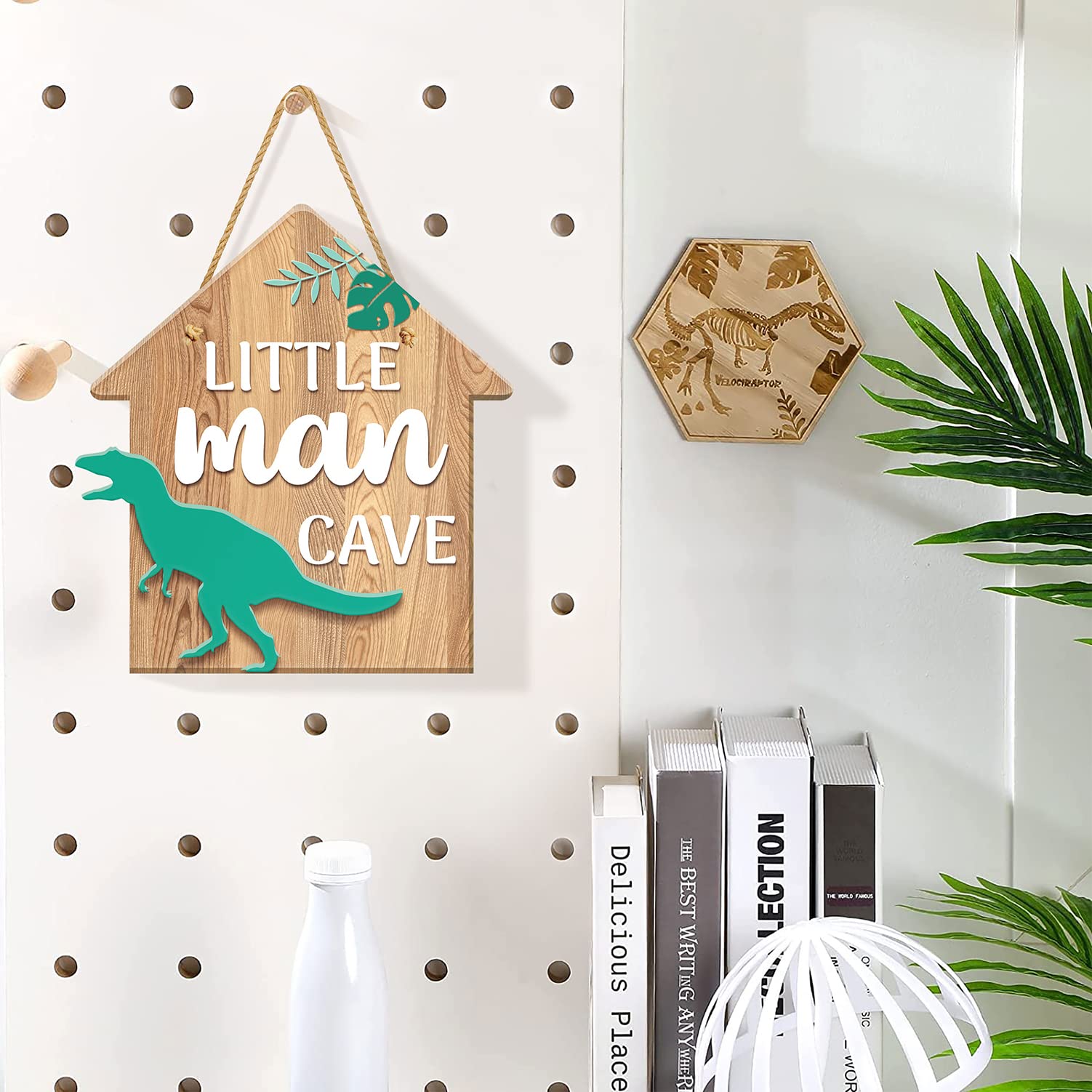 Dinosaur Room Decor for Boys - Hanging PVC Plastic Sign for Bedroom, Playroom & Nursery - Little Man Cave Theme - 11.8x11 Inch Kids Wall Art - Perfect for Birthday Gifts & Boys' Room Decoration