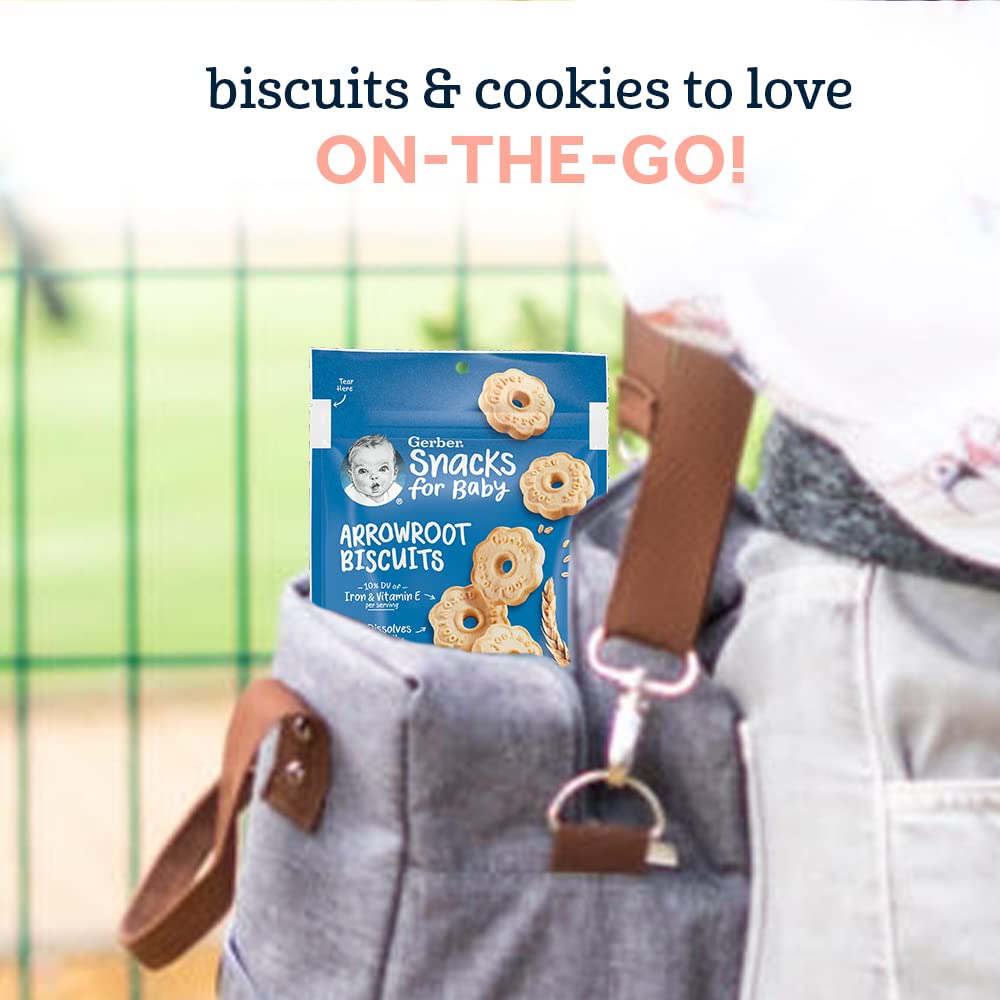 Organic Gerber Baby Arrowroot Biscuits - 5.5oz Pouch (Pack of 4) | Healthy Teething Snacks for Infants | Perfect for On-the-Go, Daycare & Travel