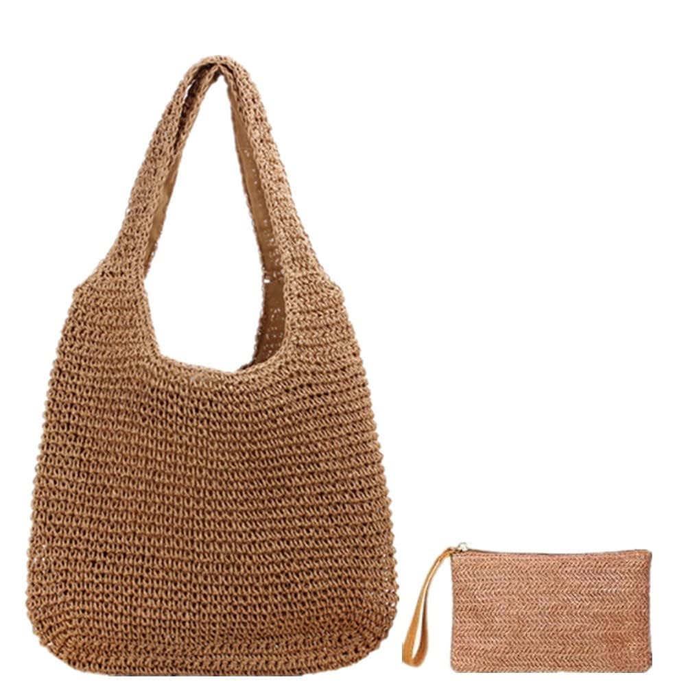 Straw Beach Bag for Women - Woven Summer Tote with Matching Clutch | Waterproof & Spacious | Perfect for Pool, Vacation & Beach Outings