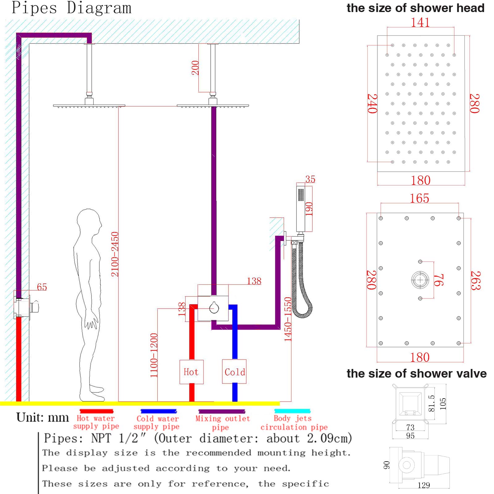 Premium Chrome Rain Shower System - 8x12 Inch LED Rainfall Shower Head with Handheld Spray & Concealed Brass Mixer - NPT 1/2 Pipes - Perfect for Modern Bathrooms & Spa-Like Experience