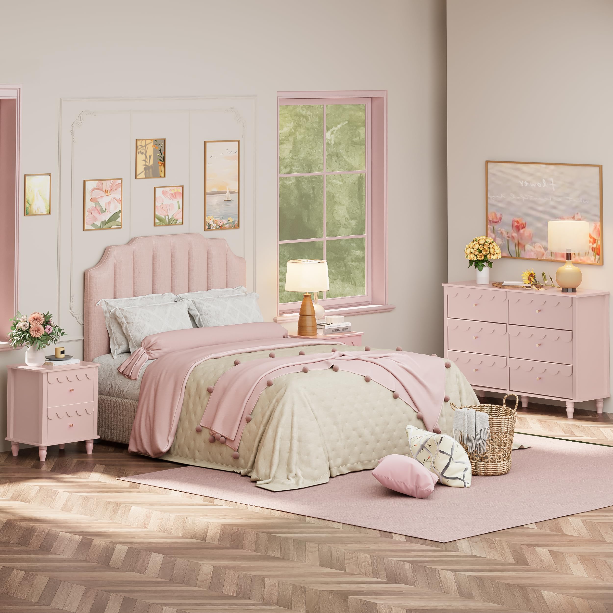 Anbuy 6-Drawer Dresser & 2-Nightstand Set - 3-Piece Bedroom Furniture Combo in Pink | Space-Saving Storage Solution for Small Bedrooms, Guest Rooms & Dorm Rooms