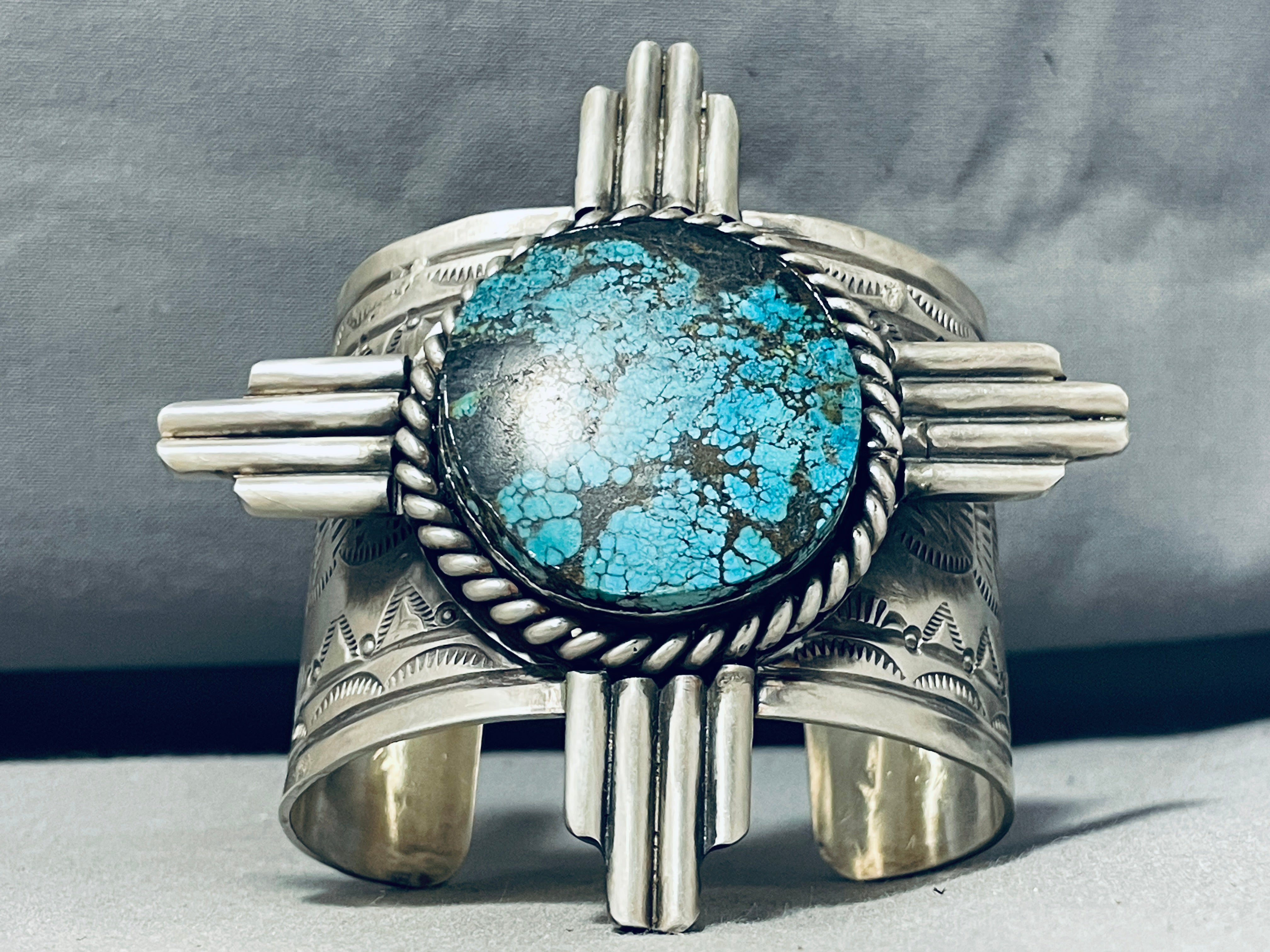 167g Rare Native American Navajo 8 Turquoise Sterling Silver Zia Bracelet - Handmade Southwest Jewelry for Women, Boho Fashion Accessory, Spiritual Gift for Healing & Protection