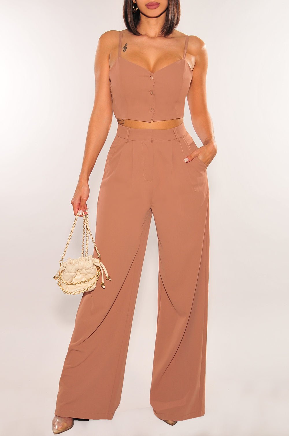Stylish Toffee Spaghetti Strap Button Up Vest & High Waist Wide Leg Pants 2-Piece Set | Summer Outfits for Women, Beachwear, Casual Chic Fashion