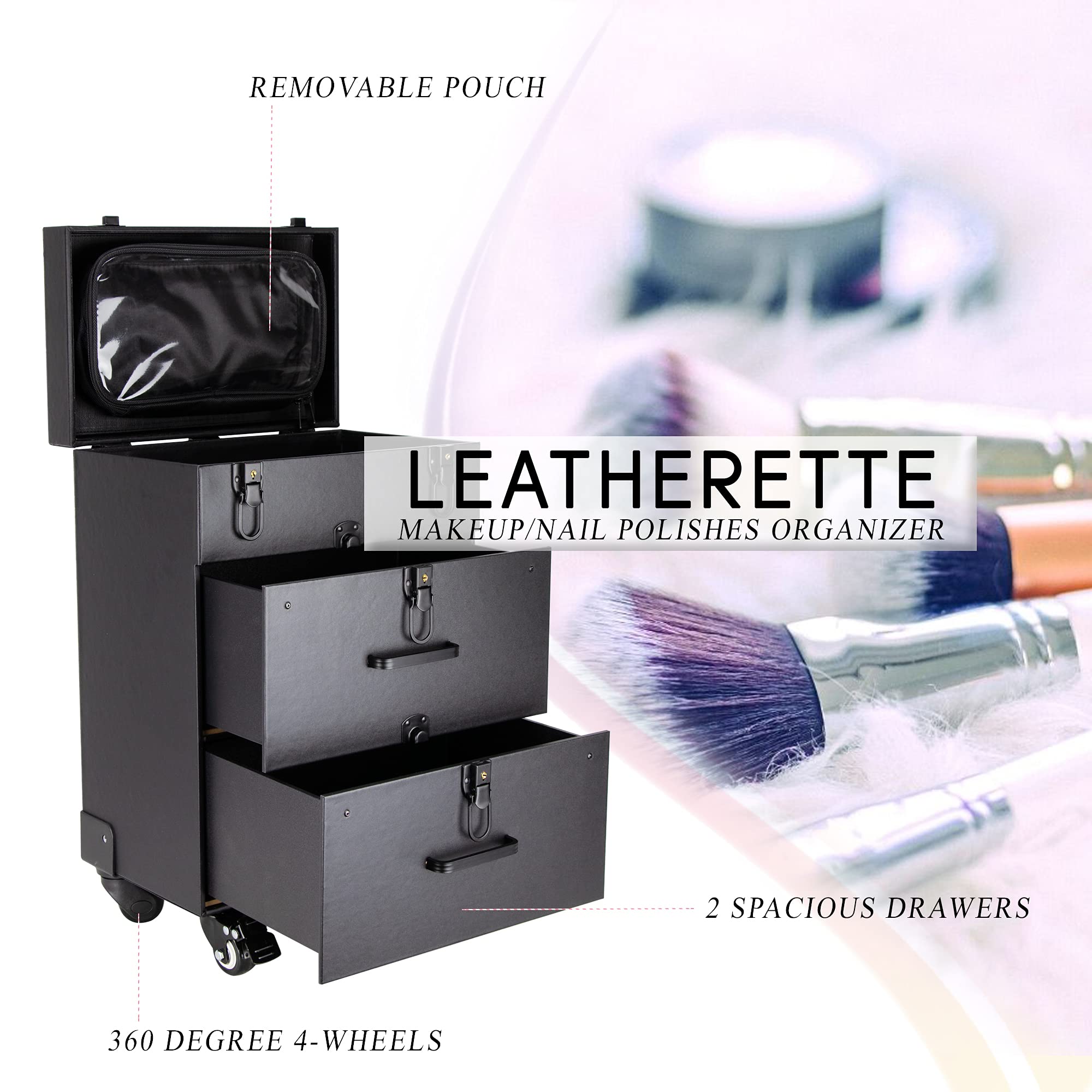 Ver Beauty Rolling Makeup Trolley Case - 360° Swivel Wheels Professional Cosmetic Organizer for Salon, Hair Stylist & Nail Artists - Faux Leather Black | Perfect for Mobile Beauty Services & Salon Organization