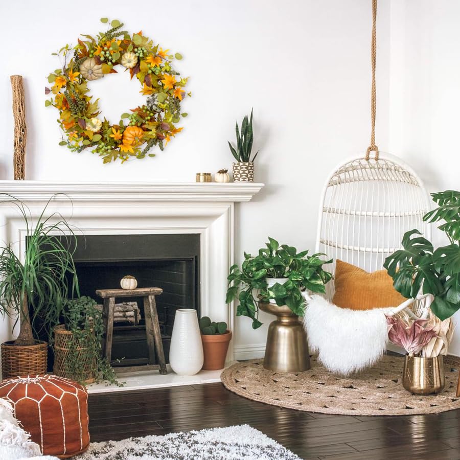 20 Inch Autumn Wreath with Pumpkins, Maple Leaves & Green Berries - Fall Harvest Thanksgiving Door Hanging Wall Decor for Home, Front Porch & Seasonal Celebration