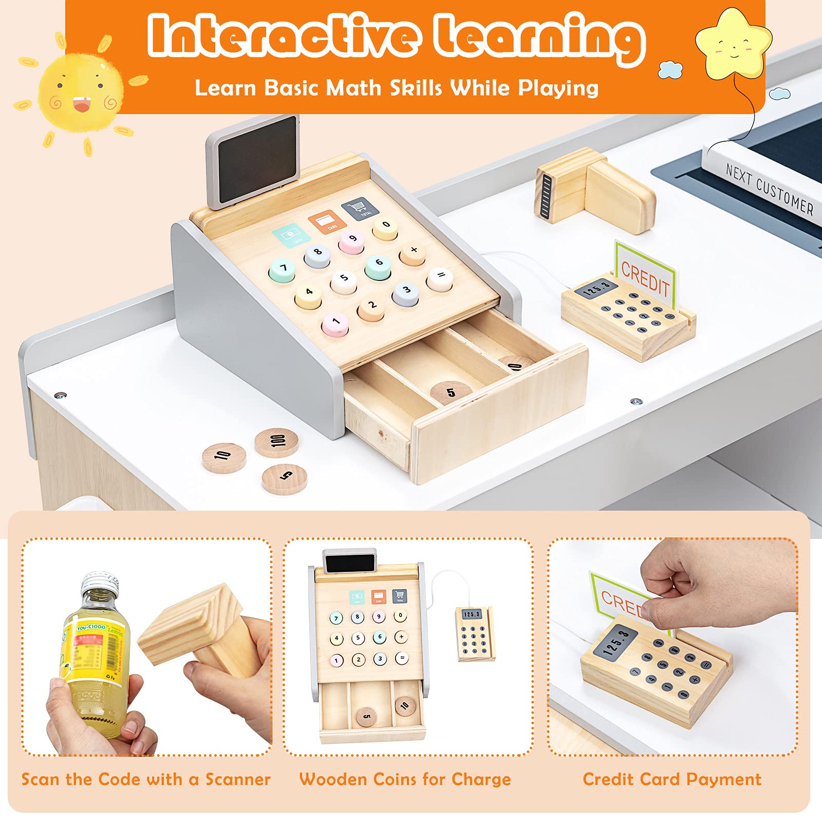 INFANS Kids Wooden Grocery Store Playset - Supermarket Toy Set with Cash Register, Shopping Cart, Blackboard & Wooden Coins | Pretend Play Toy for Toddlers & Preschoolers | Perfect for Role Play, Learning & Social Skills Development