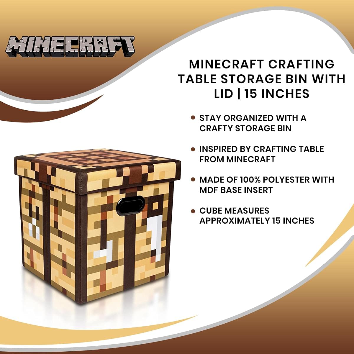 Official Minecraft Crafting Table 15-Inch Foldable Storage Bin with Lid - Fabric Basket Organizer Cube with Handles, Brown Closet Organizer - Perfect for Bedroom, Playroom & Video Game Collectible Storage