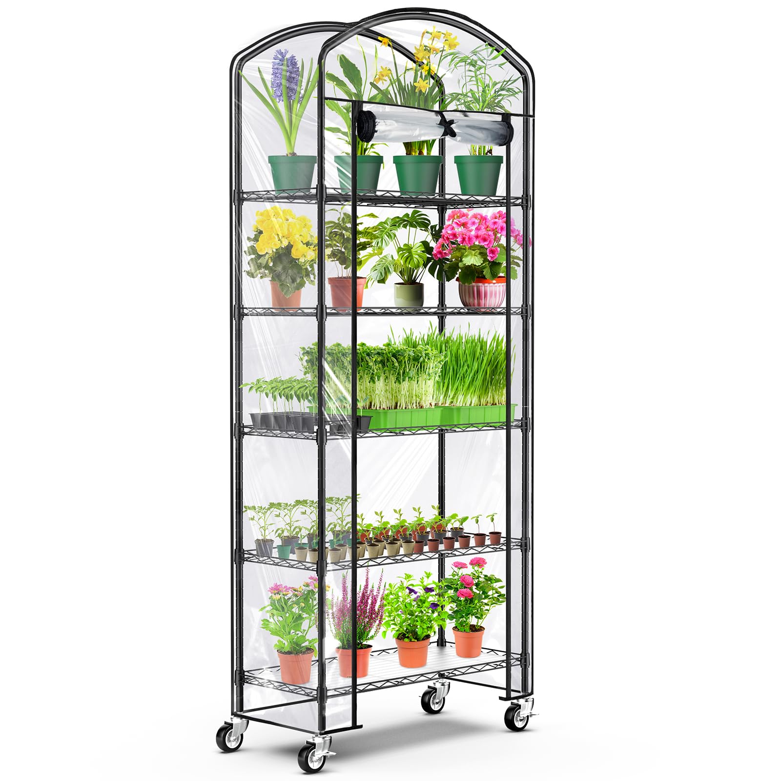 Abimars 5-Tier Adjustable Metal Greenhouse with Wheels - 13x29x73 Inch Plant Shelf with PVC Cover for Seed Starting Trays, Seedling Pots & Indoor Gardening - Perfect for Home, Balcony, and Backyard Use