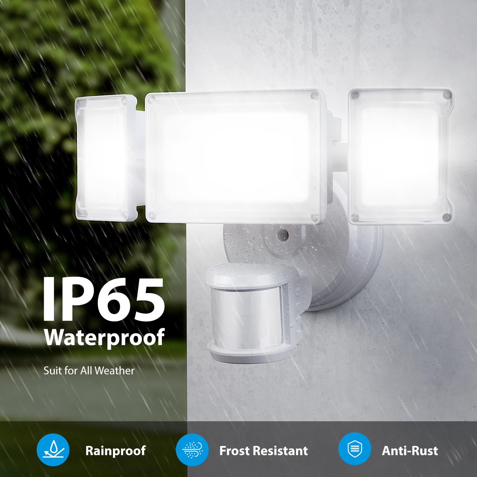 75W Motion Sensor Outdoor Security Lights - 3 Head 6500K IP65 Waterproof Flood Lights (7500LM) for Yard, Garage, Porch - Dusk to Dawn Motion Detection with Bright Illumination for Enhanced Safety and Convenience