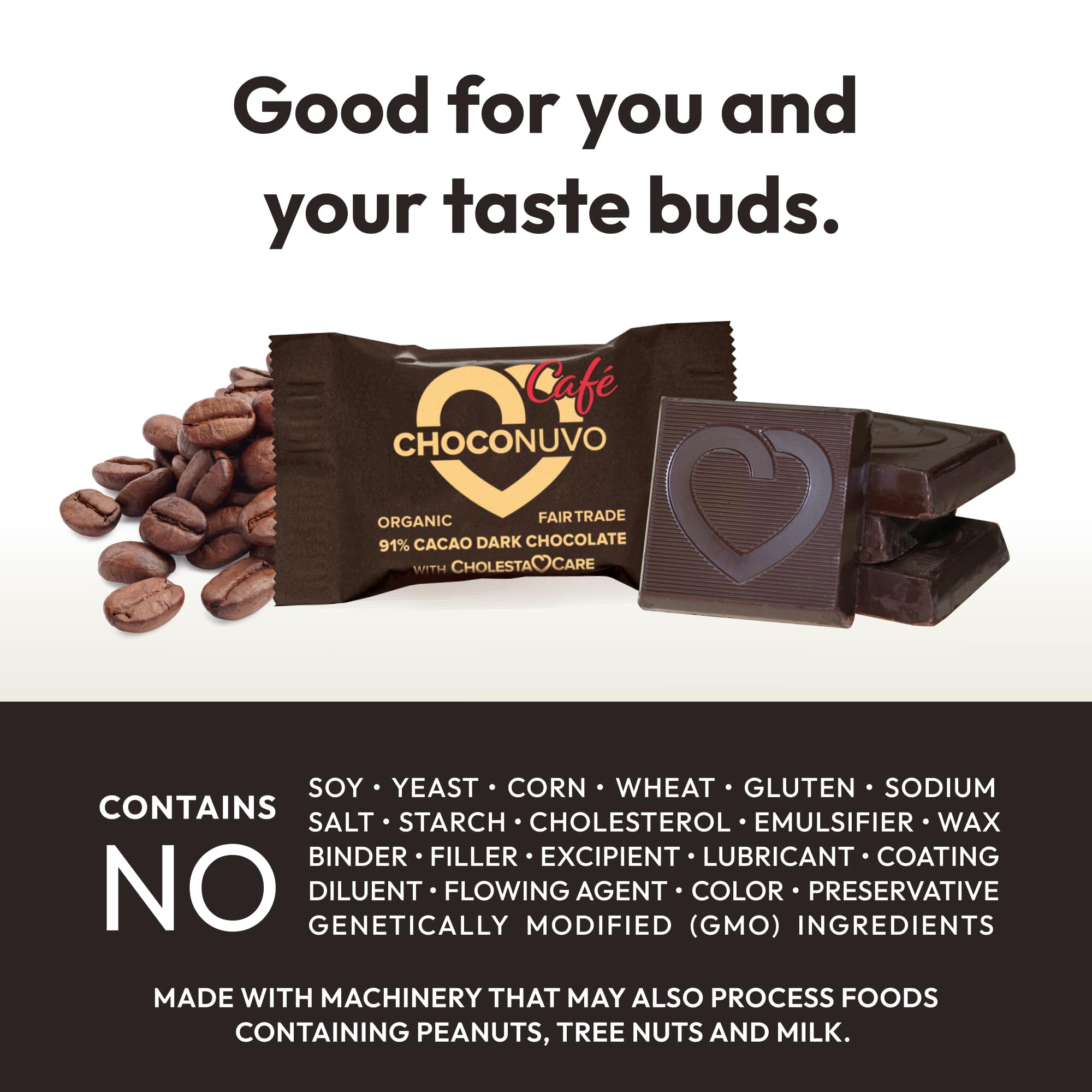 Organic Fair Trade Coffee-Flavored Dark Chocolate 91% Cacao - ANDREW LESSMAN ChocoNuvo Café 120 Pieces with Plant Sterols for Healthy Cholesterol Balance, Low Fat 25 Calorie Squares - Perfect for Gifts, Healthy Snacking & Coffee Pairing