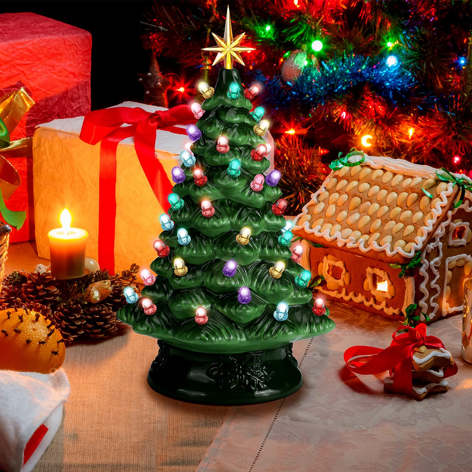 208-Piece Ceramic Christmas Tree Light Replacement Kit - 100 Cone Twist Bulbs, 100 Acorn Bulbs & 8 Star Toppers - Holiday Decor for Xmas Tree Lighting & Festive Home Decoration