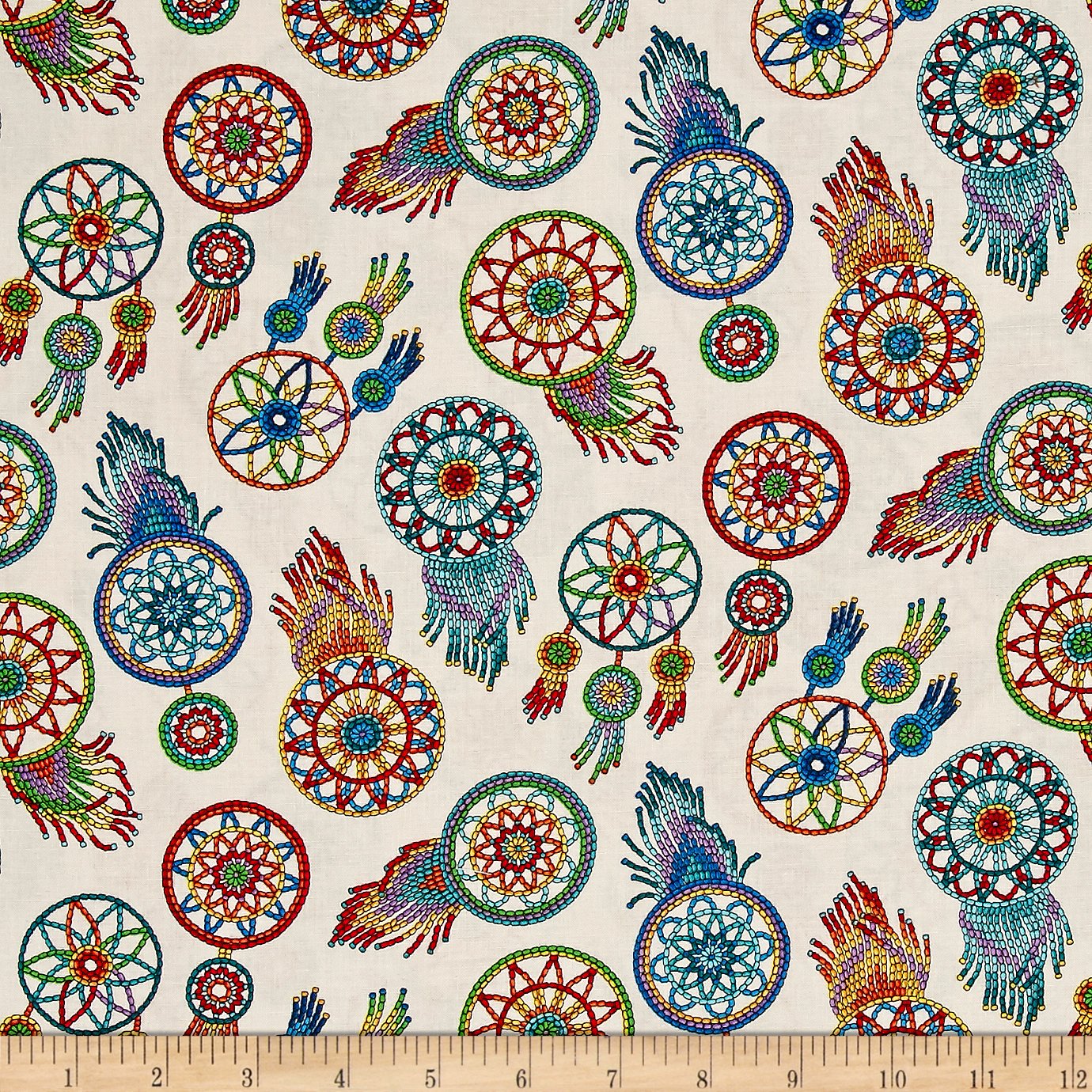 Elizabeth's Studio Quilt Fabric - Tucson Beaded Dream Catchers Cream Cotton Fabric by The Yard | Boho Home Decor, DIY Quilting Projects & Bohemian Bedroom Accents