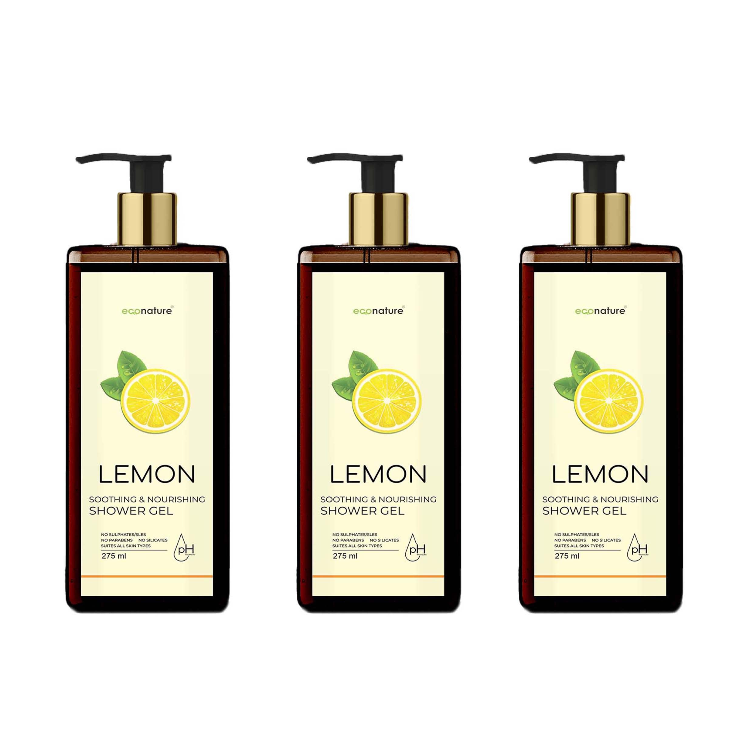 ECONATURE Lemon Body Wash & Shower Gel - Moisturizing Liquid Soap for Dry Skin, 275ml (Pack of 3) | Refreshing Citrus Cleanser for Daily Shower & Bath Routine