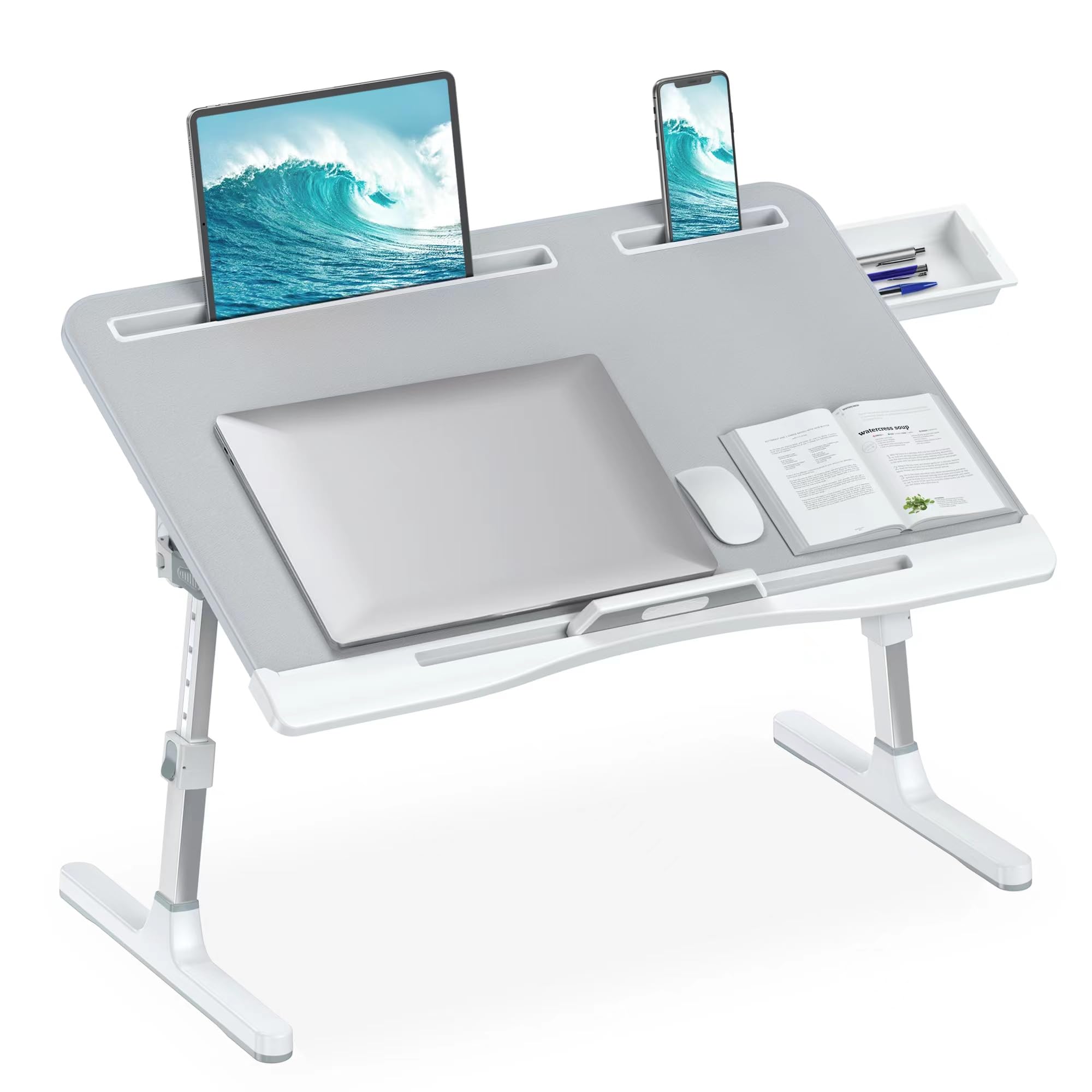 Adjustable Laptop Desk for Bed with Leather Desktop, Foldable X-Large Bed Table with Drawer for Working, Reading, Eating, Painting - Perfect for Bed, Couch, Floor, Office, and Home Use (Gray, 23.6