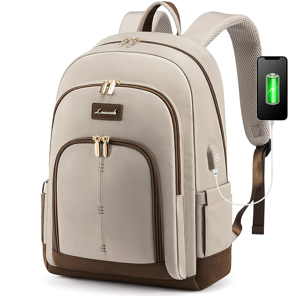 LOVEVOOK 15.6 Inch Water Resistant Laptop Backpack for Women - Stylish Travel & Work Computer Bag for College & Business, Khaki - Perfect for Commuting, Air Travel & Office Use
