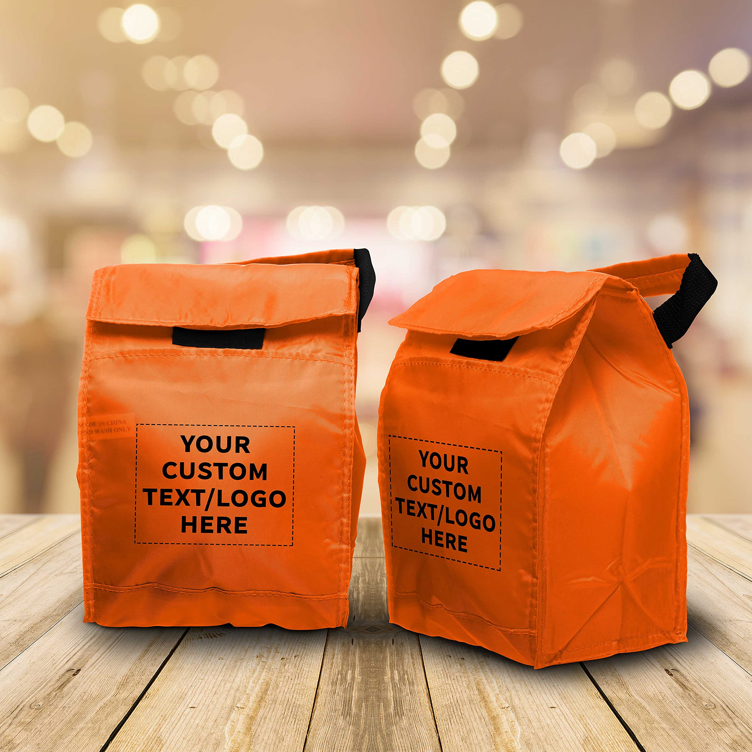 50-Pack Insulated Lunch Bags with Hook & Loop Closure - Custom Text & Logo Printing - Durable Polyester, Vibrant Orange - Perfect for School, Office & Picnics - Reusable & Eco-Friendly