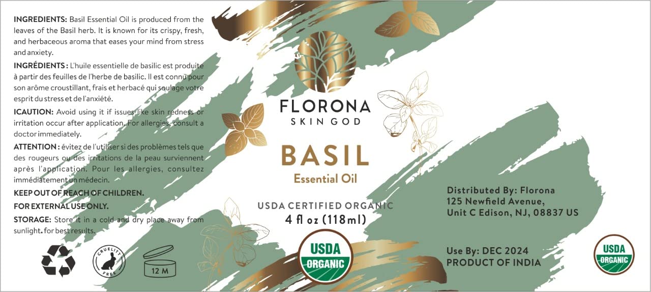 Organic Basil Essential Oil 4oz - USDA Certified for Hair, Skin & Aromatherapy - Perfect for Diffusers & Massage