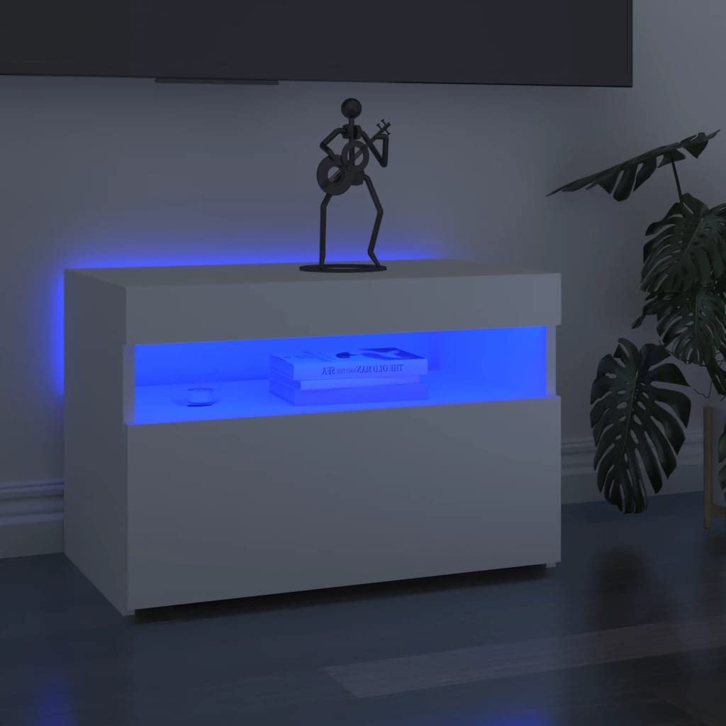 Modern Nightstand Set of 2 with LED Lights & 2 Shelves - White Bedside Tables for Bedroom, Nursery, Living Room | Space-Saving Small Dresser (23.6
