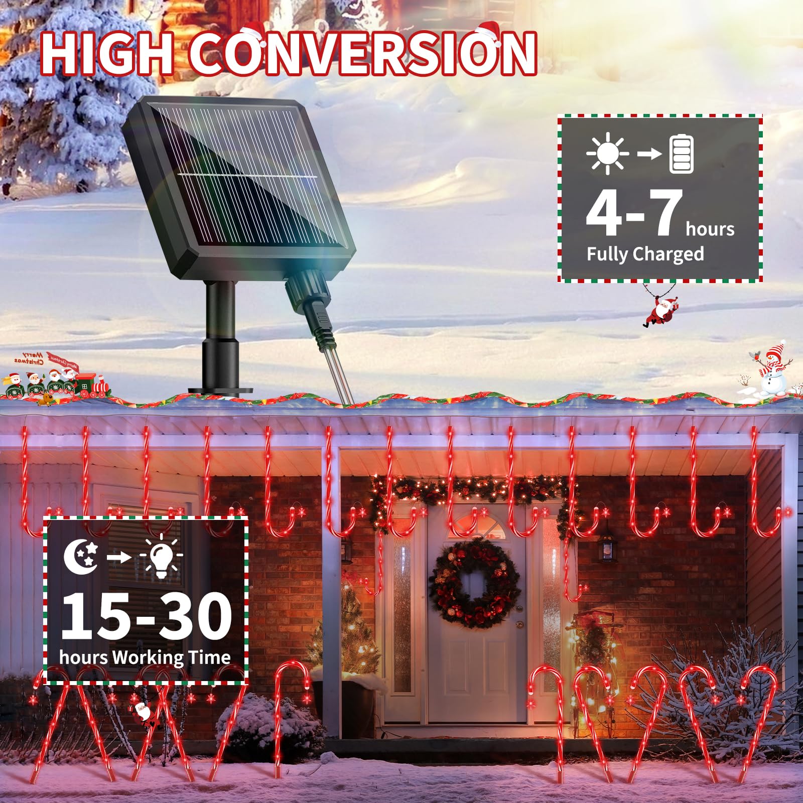 AOSEA 10 Pack Solar Candy Cane Lights - 80 Red LED Christmas Pathway Decorations with 8 Lighting Modes, Waterproof Outdoor Yard Lights for Walkway, Lawn, Garden, Holiday Decor (Perfect for Christmas, Halloween, and Year-Round Landscape Lighting)