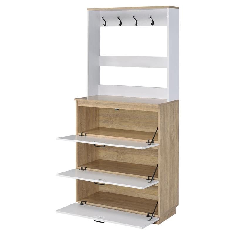 Acme Hewett 10-Hook Wooden Shoe Storage Cabinet - Light Oak & White Shoe Organizer for Entryway, Closet, or Mudroom Organization