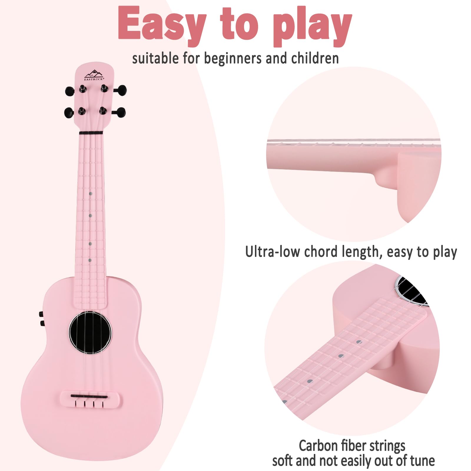 EASTROCK 23 Inch Carbon Fiber Electric Concert Ukulele Kit - Professional Ukelele for Kids, Students & Adults with Case, Strap, Capo & Strings (Pink) | Perfect for Beginners, Live Performances & Music Practice
