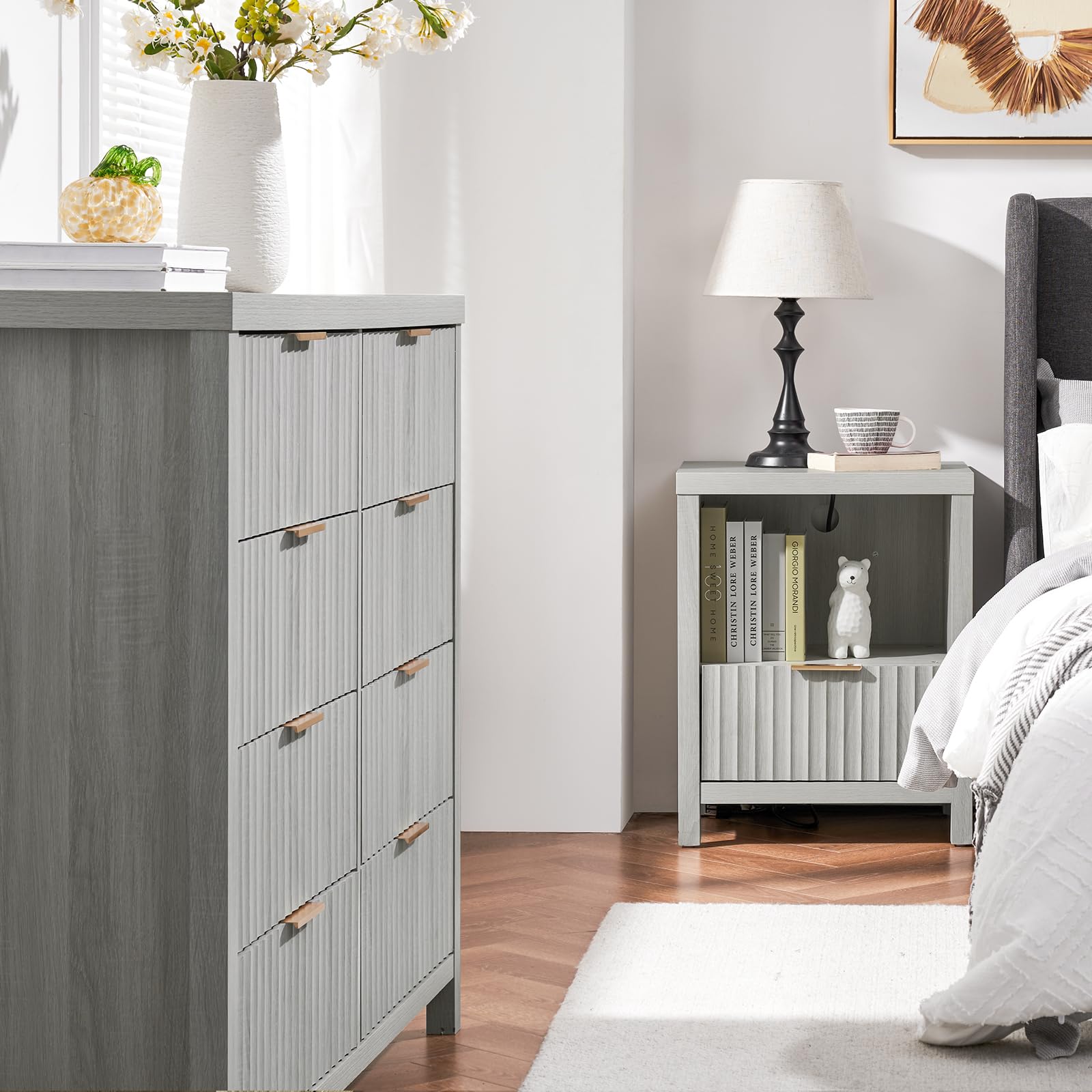 Mid Century Modern Nightstand with Charging Station - Fluted Wood Bedside Table with Drawer Storage, End Table for Bedroom & Living Room - Pale Oak Finish | Perfect for Small Spaces & Device Charging
